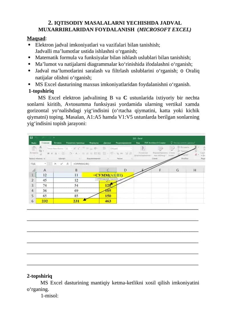 IQTISODIY MASALALARNI YECHISHDA JADVAL MUXARRIRLARIDAN FOYDALANISH (MICROSOFT EXCEL)