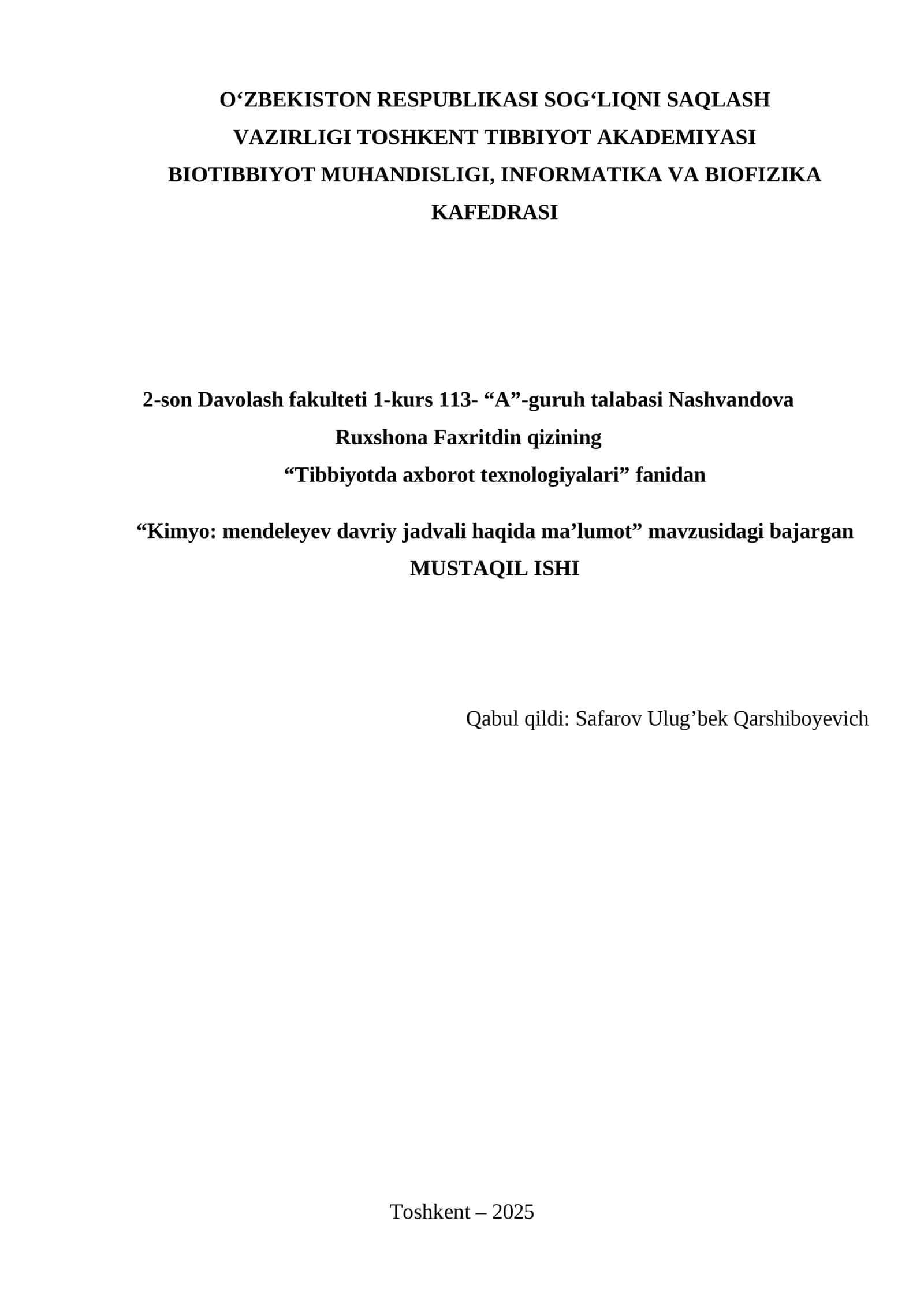 Kimyo: mendeleyev davriy jadvali haqida maʼlumot