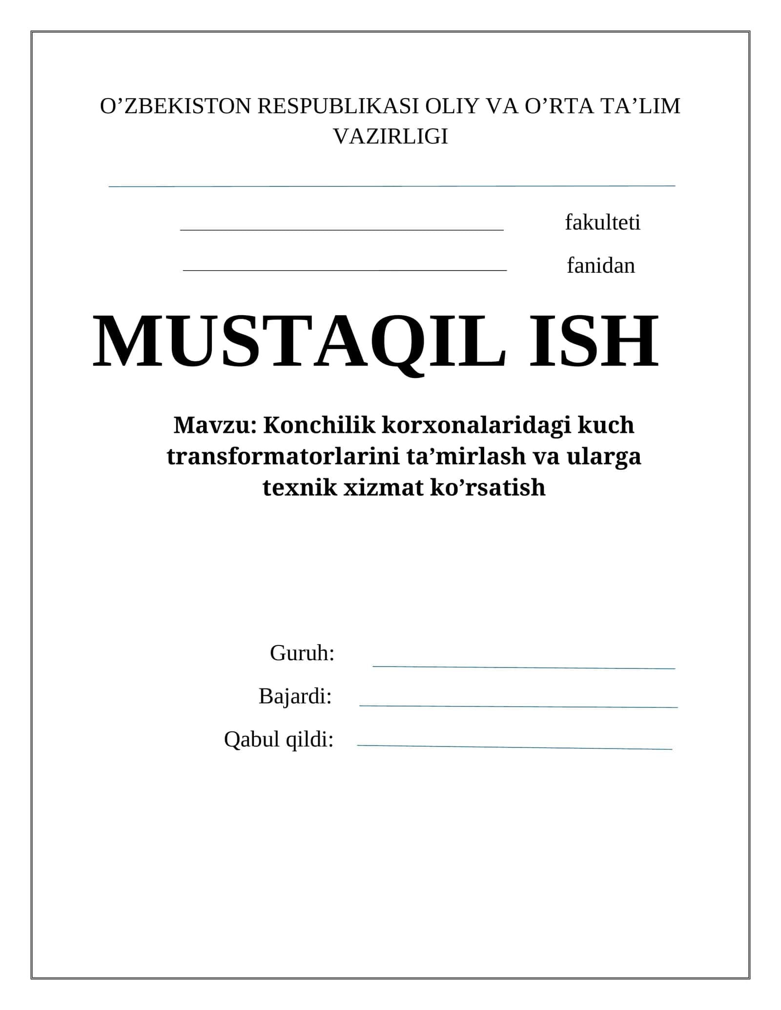 Kuch transfоrmatоrlarini ta’mirlash va ularga tехnik хizmat ko’rsatish