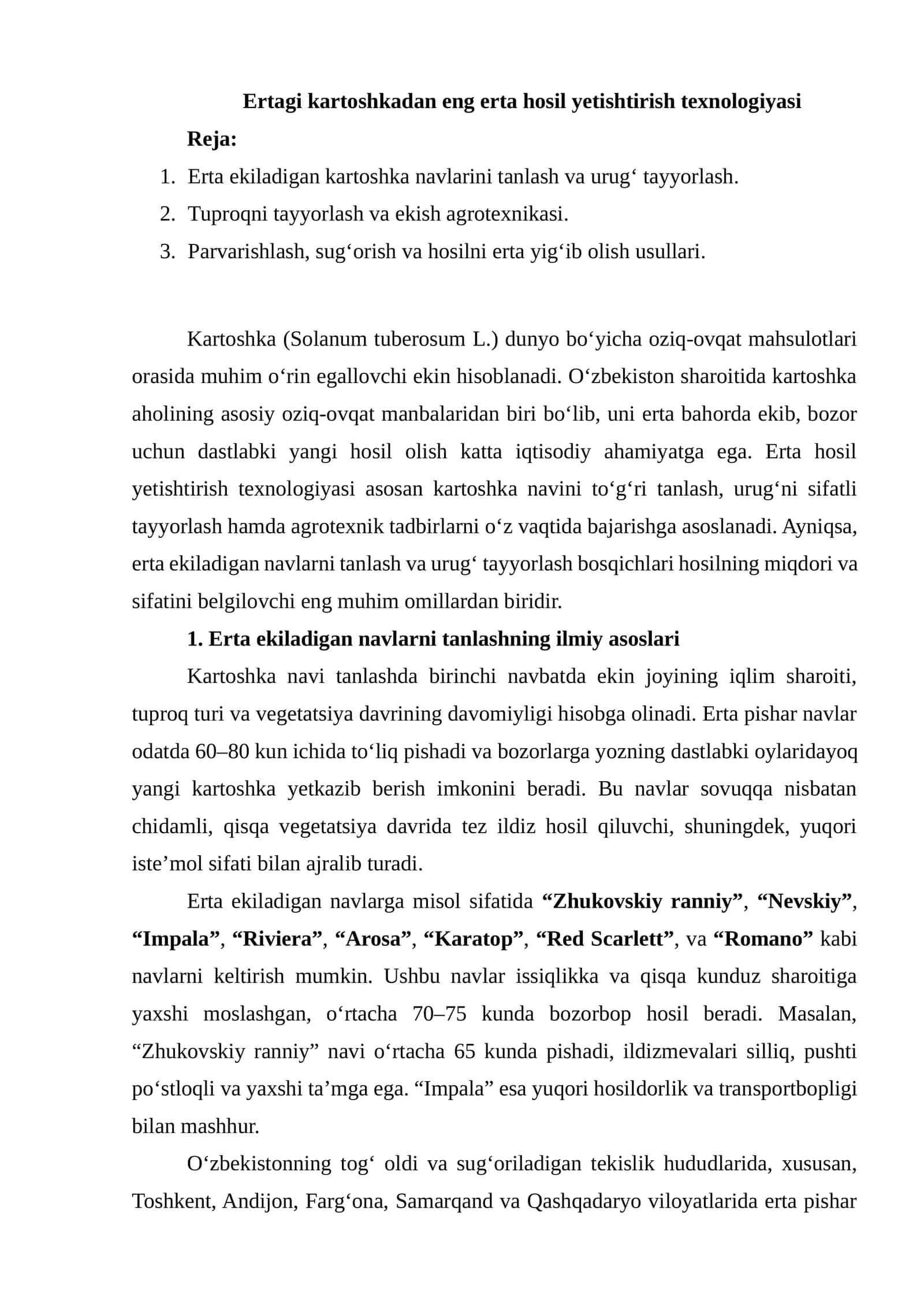 Erta hosil kartoshka yetishtirish texnologiyasi