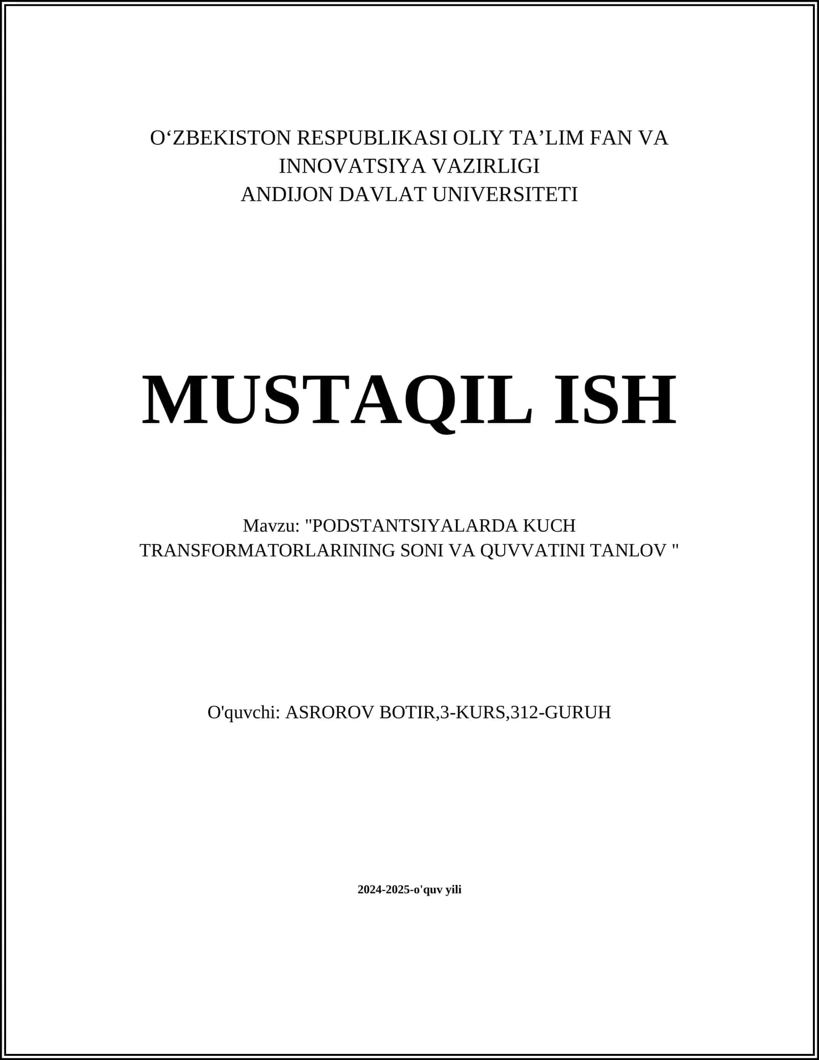 PODSTANTSIYALARDA KUCH TRANSFORMATORLARINING SONI VA QUVVATINI TANLOV