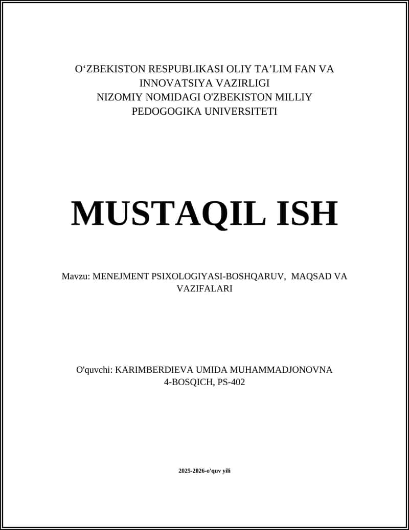 Menejment Psixologiyasi-Boshqaruv, Maqsad va Vazifalari