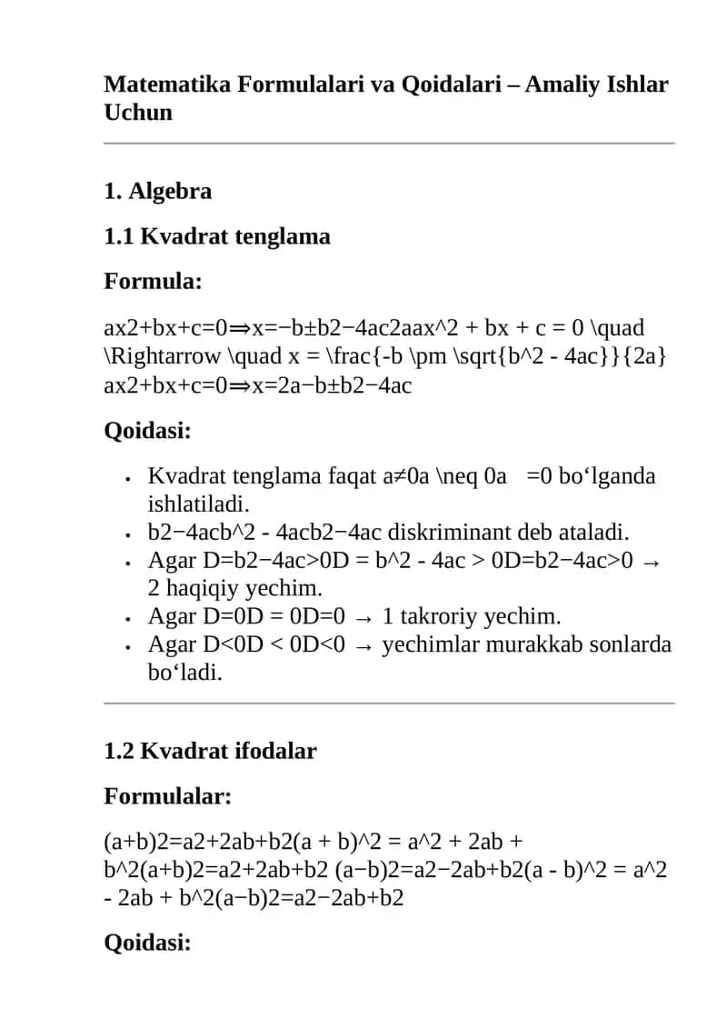Matematika Formulalari va Qoidalari – Amaliy Ishlar Uchun