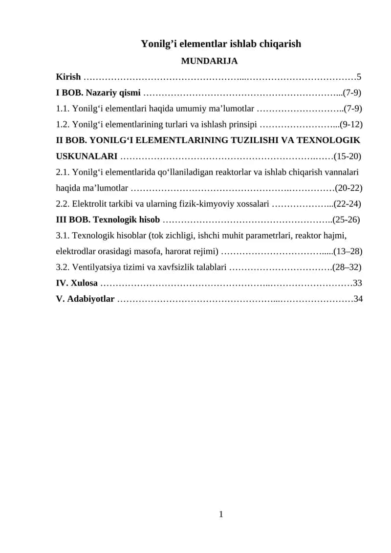 Yonilg’i elementlar ishlab chiqarish