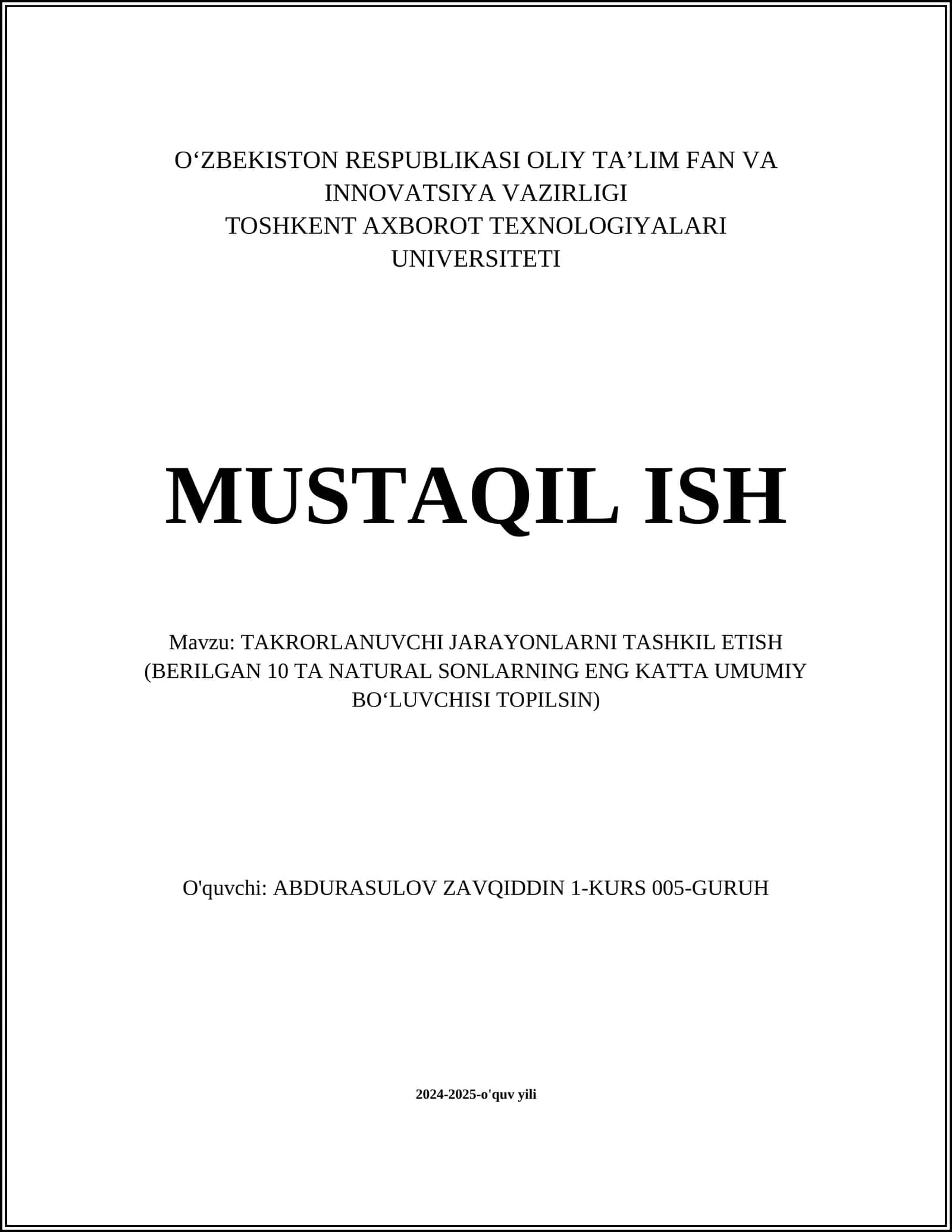 TAKRORLANUVCHI JARAYONLARNI TASHKIL ETISH