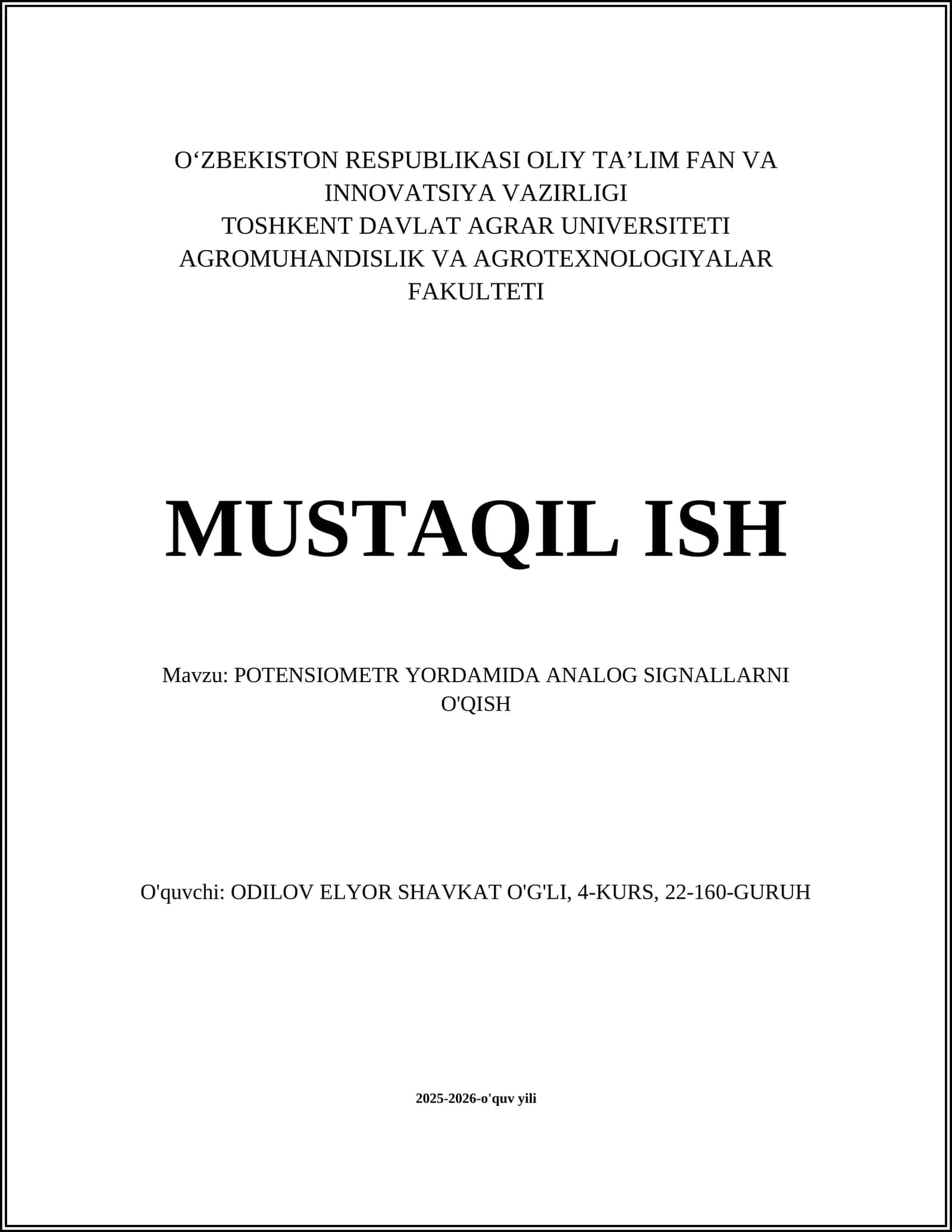 POTENSIOMETR YORDAMIDA ANALOG SIGNALLARNI O'QISH
