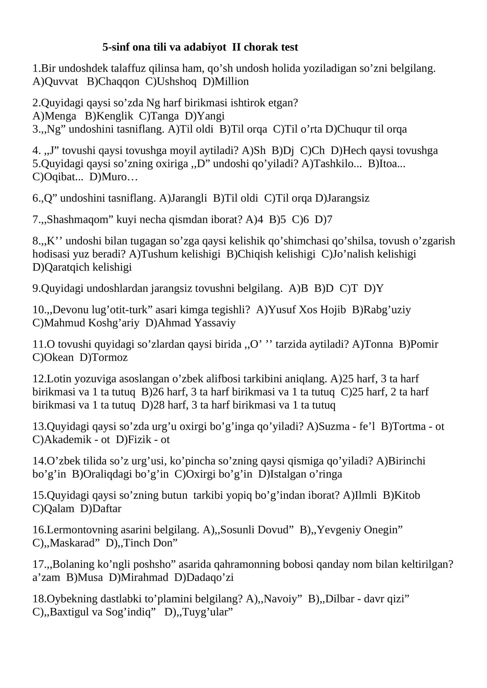 5-sinf ona tili va adabiyot II chorak test