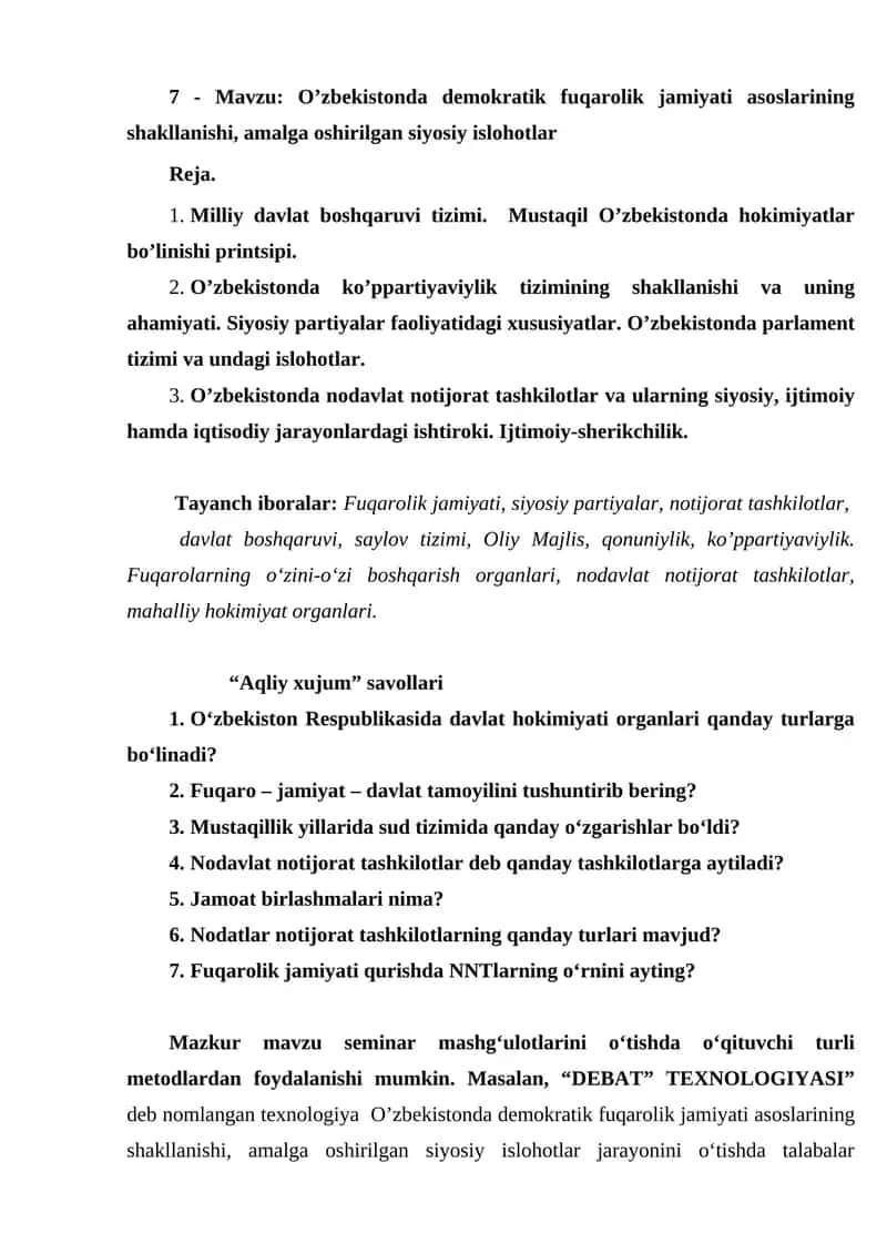 O’zbekistonda demokratik fuqarolik jamiyati asoslarining shakllanishi, amalga oshirilgan siyosiy islohotlar