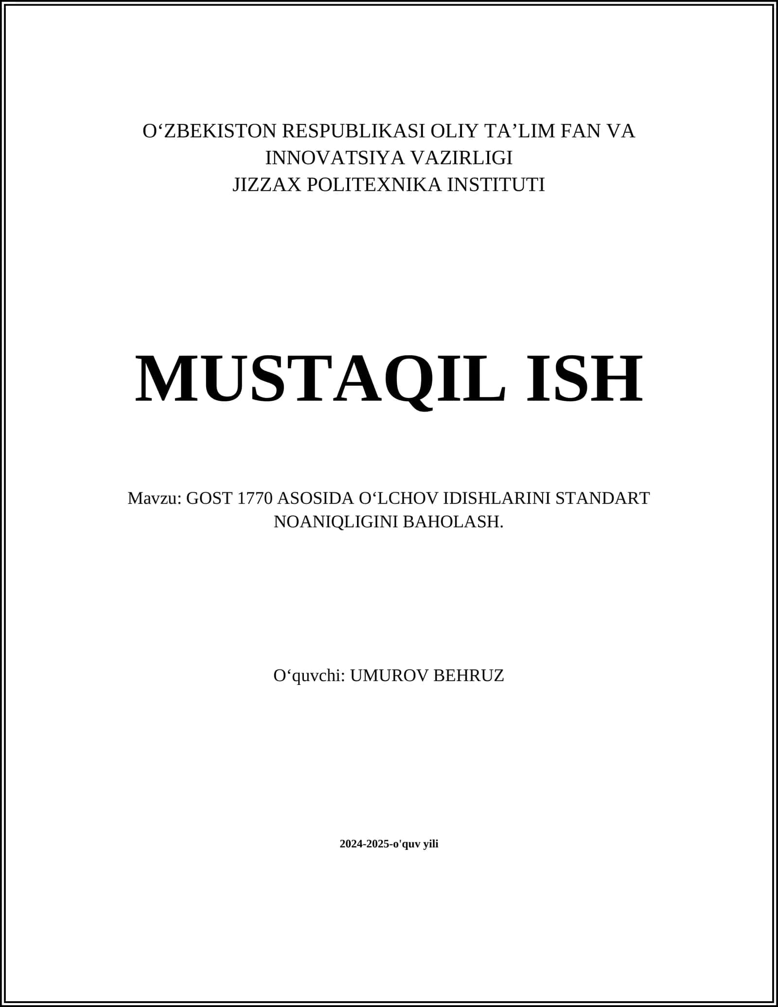 OʻLCHOV IDISHLARINI STANDART NOANIQLIGINI BAHOLASH