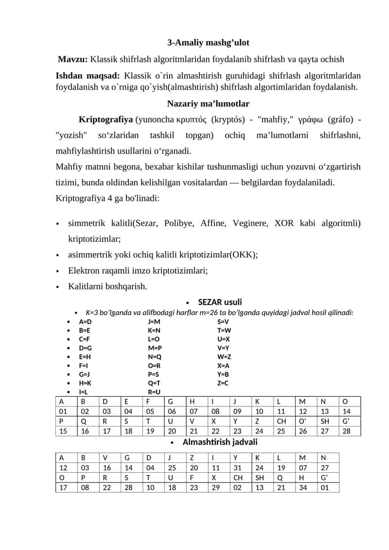 Klassik shifrlash algoritmlaridan foydalanib shifrlash va qayta ochish