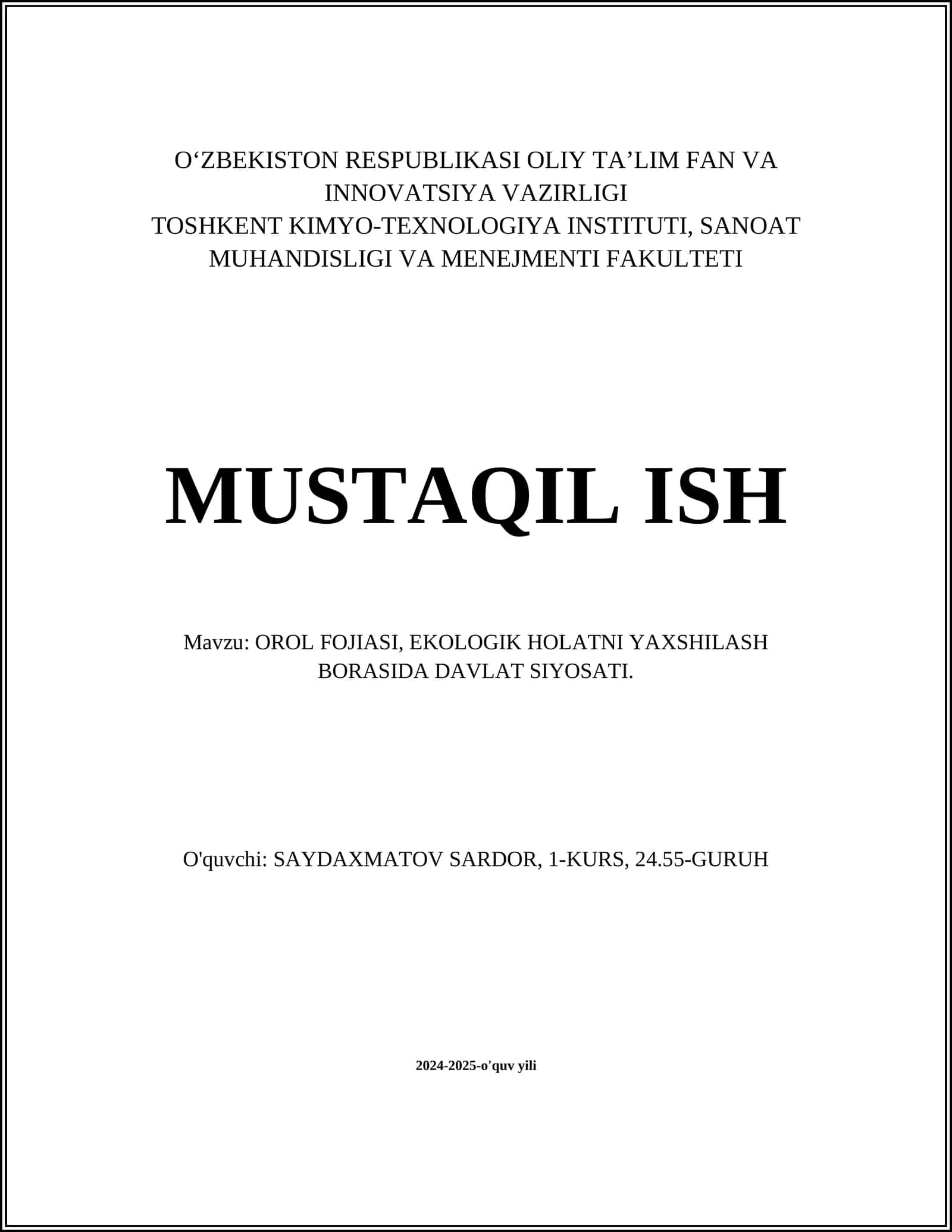 OROL FOJIASI, EKOLOGIK HOLATNI YAXSHILASH BORASIDA DAVLAT SIYOSATI