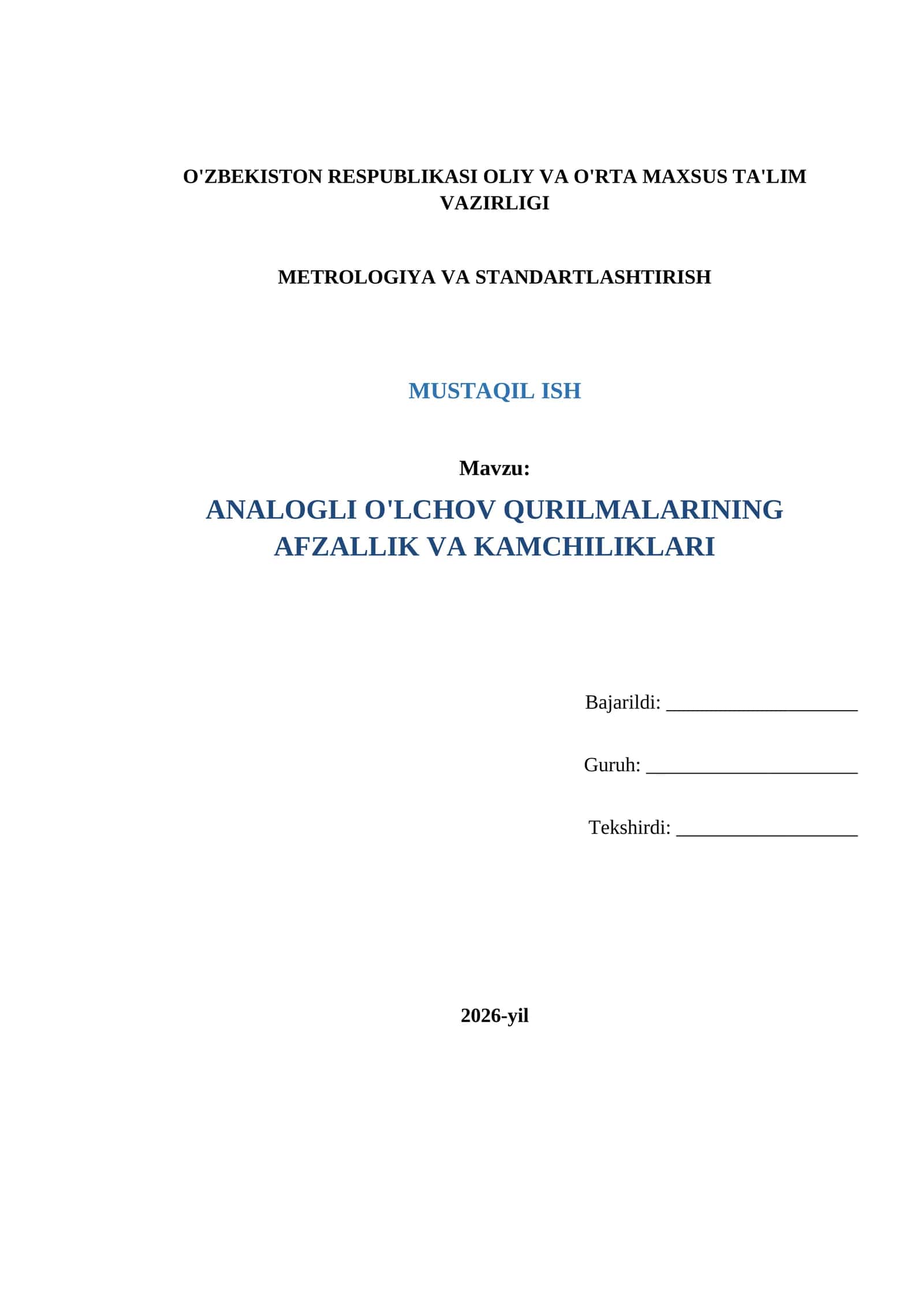 "Analogli o'lchov qurilmalari" (Metrologiya va Standartlashtirish)