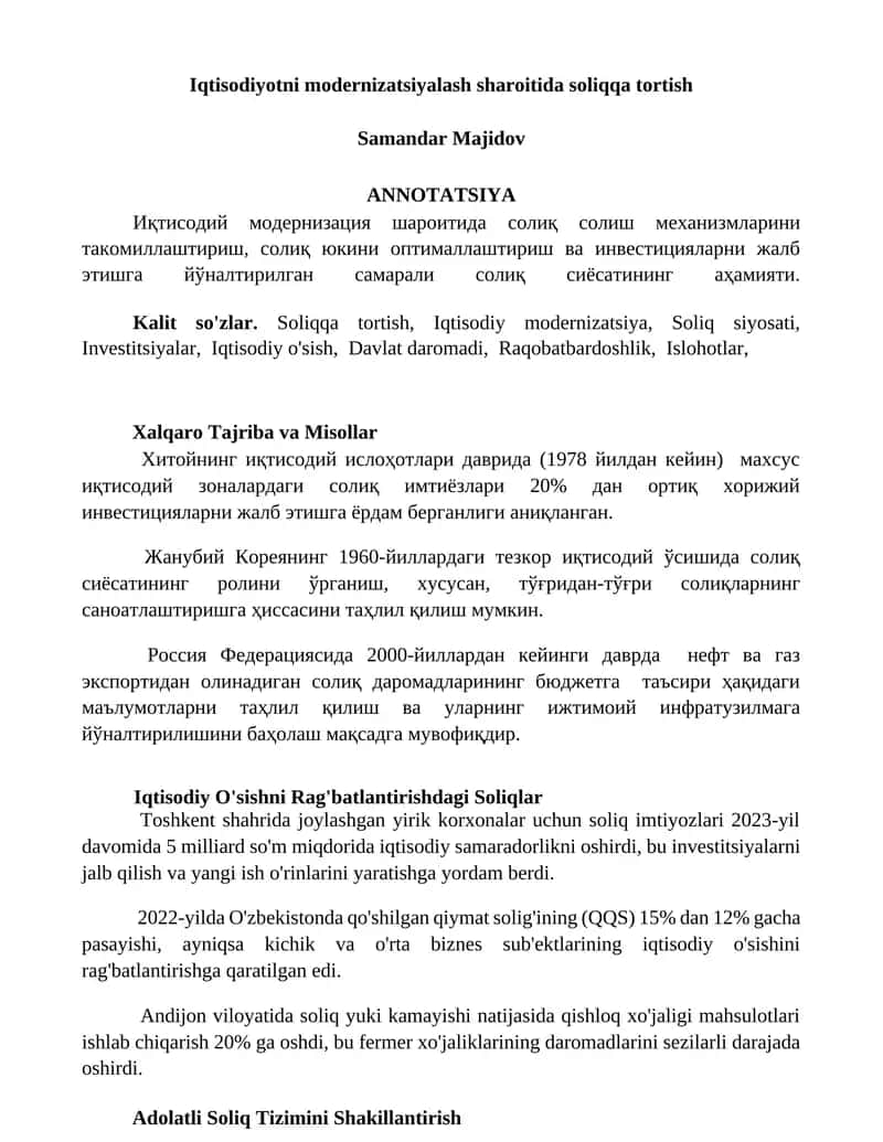 Iqtisodiyotni modernizatsiyalash sharoitida soliqqa tortish