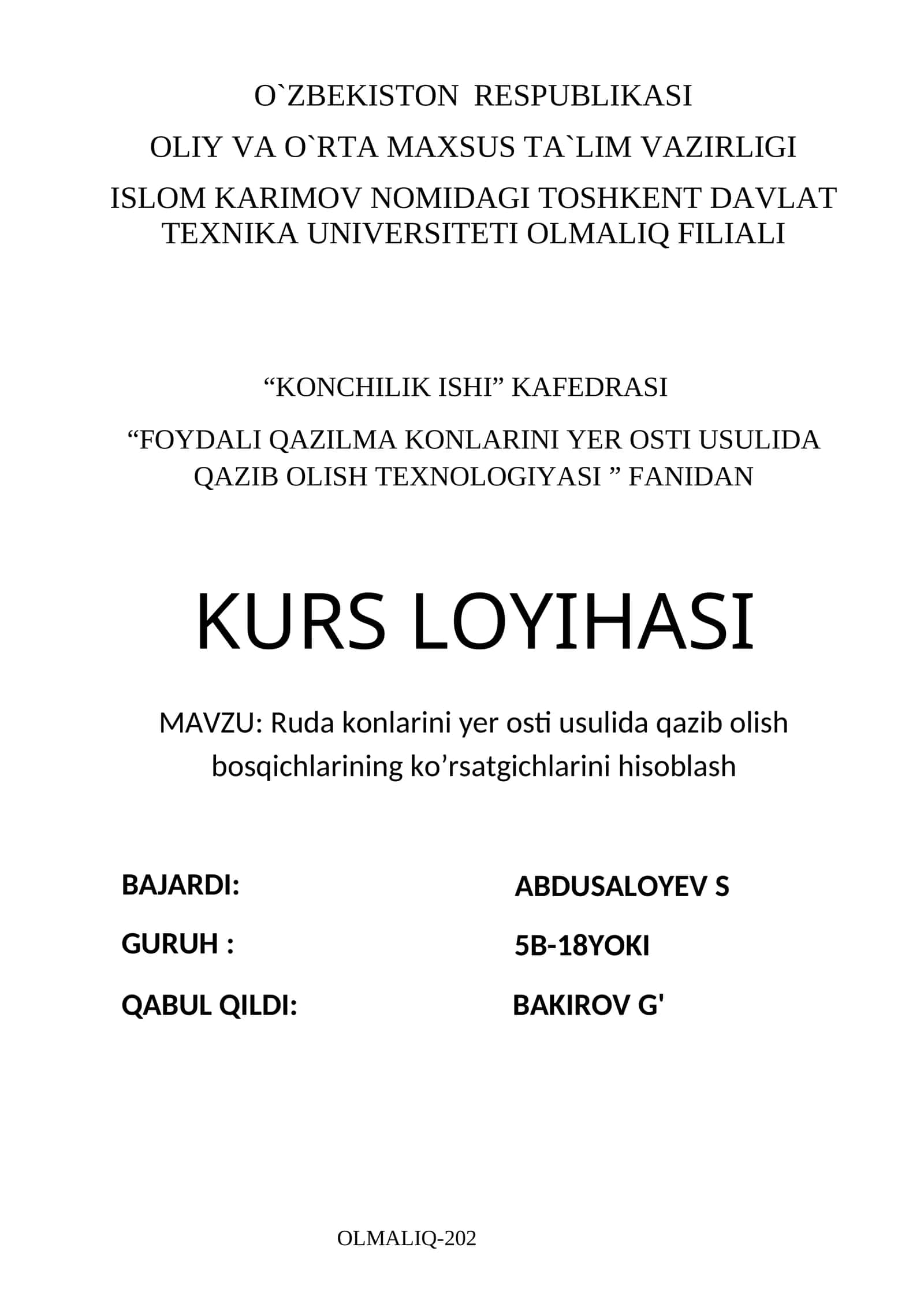 Konchilik ishi bosqichlarini hisoblash