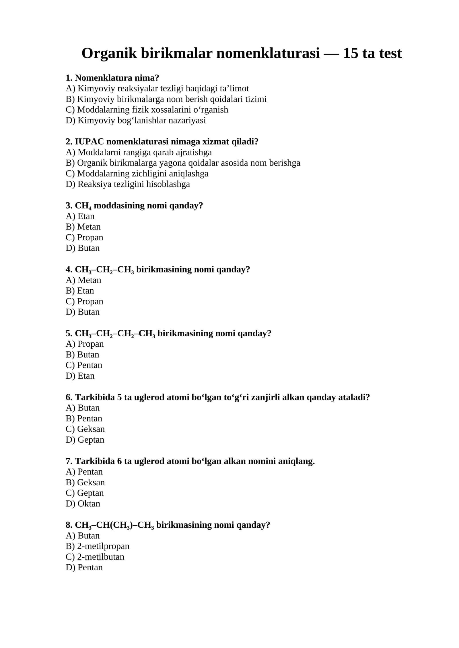 Organik birikmalar nomenklaturasi test savollari