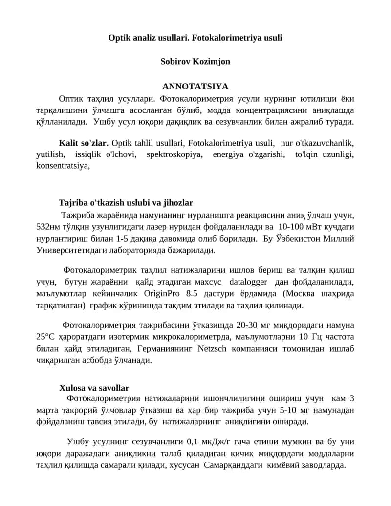 Optik analiz usullari. Fotokalorimetriya usuli