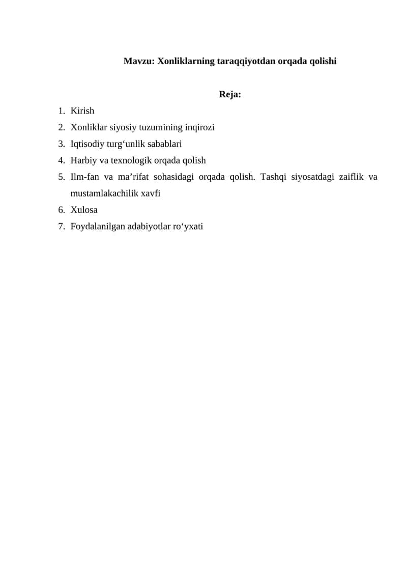 Xonliklarning taraqqiyotdan orqada qolishi