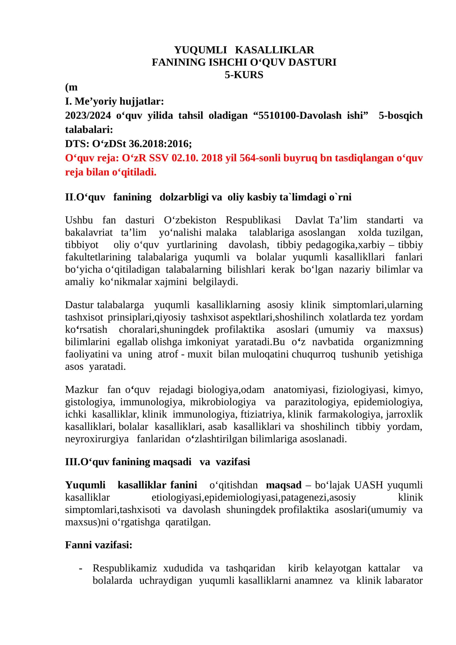 YUQUMLI KASALLIKLAR FANINING ISHCHI O‘QUV DASTURI 5-KURS
