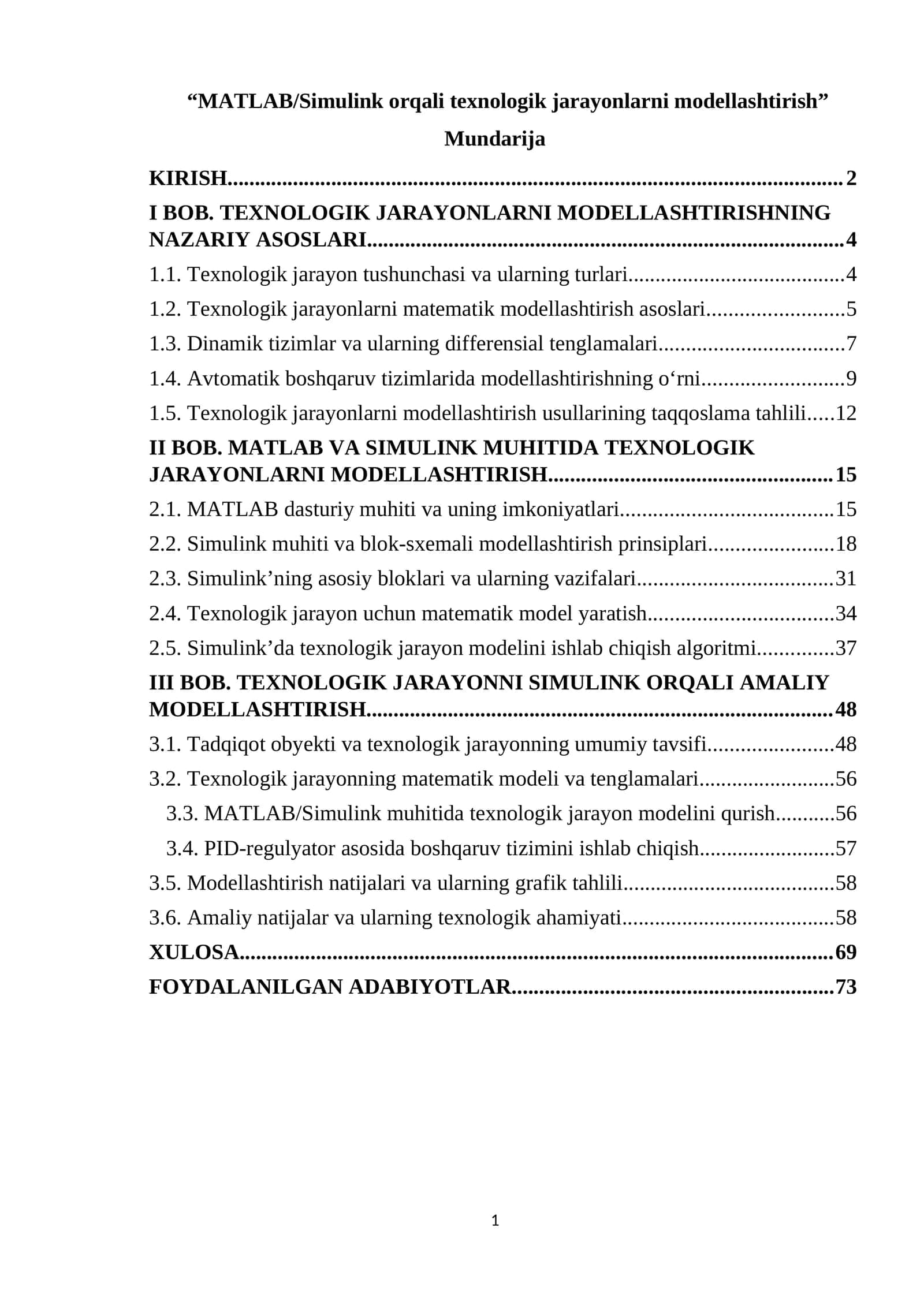 BMI Matlabda texnologik jarayonlarni modellashtirish