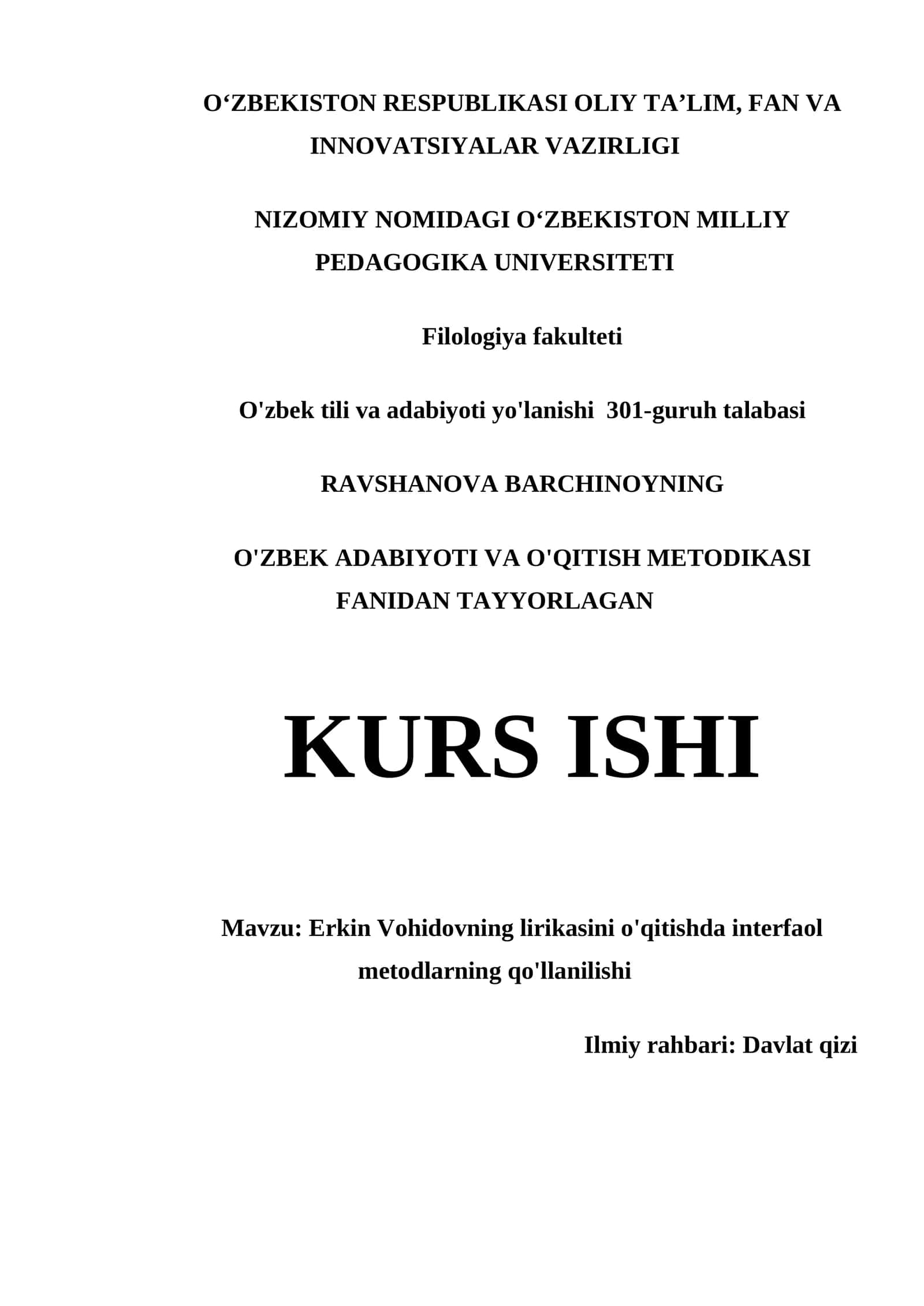 ERKIN VOHIDOVNING LIRIKASINI O'QITISHDA INTERFAOL METODLARNING QO'LLANILISHI