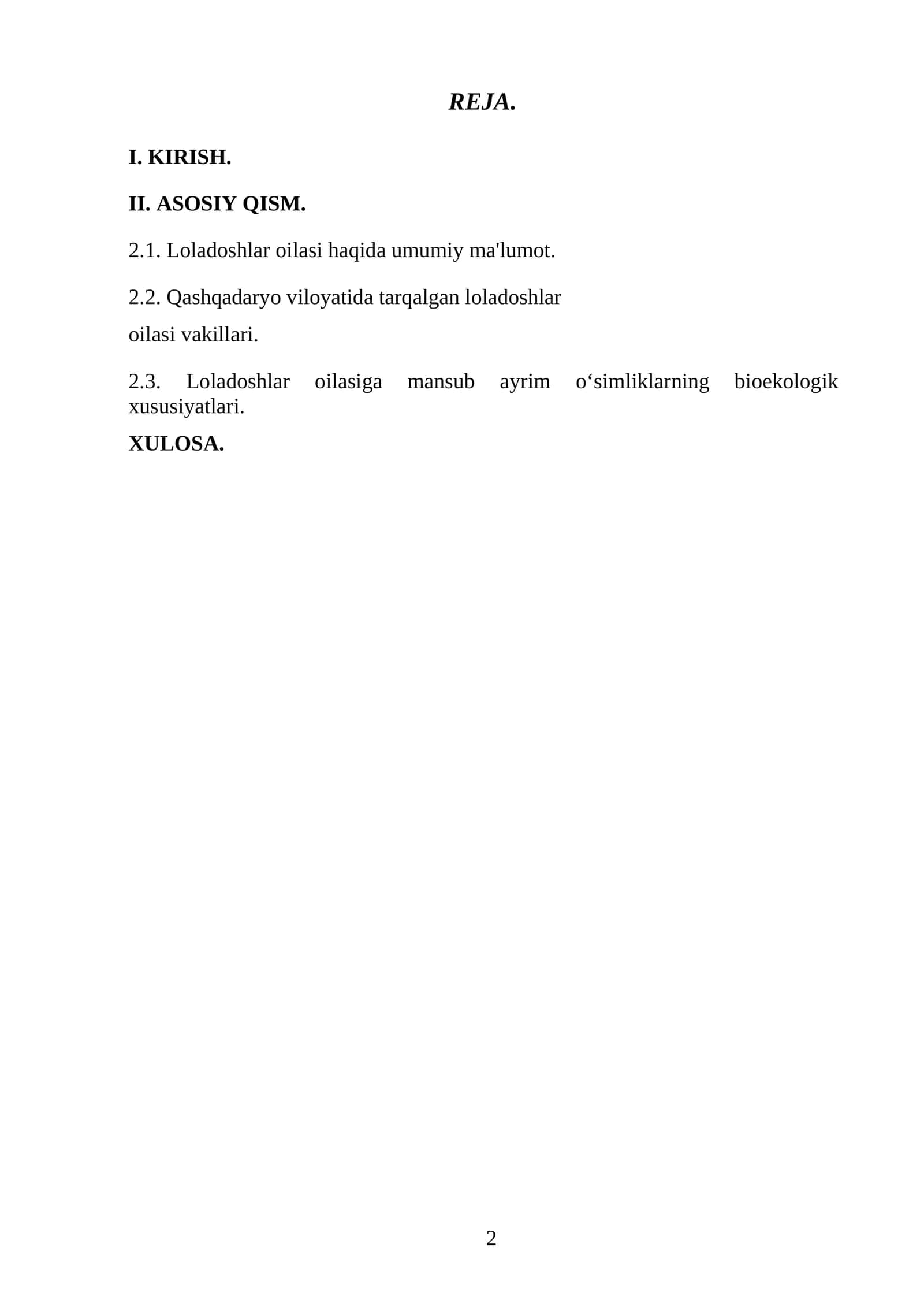 Loladoshlar oilasi va uning bioekologik xususiyatlari