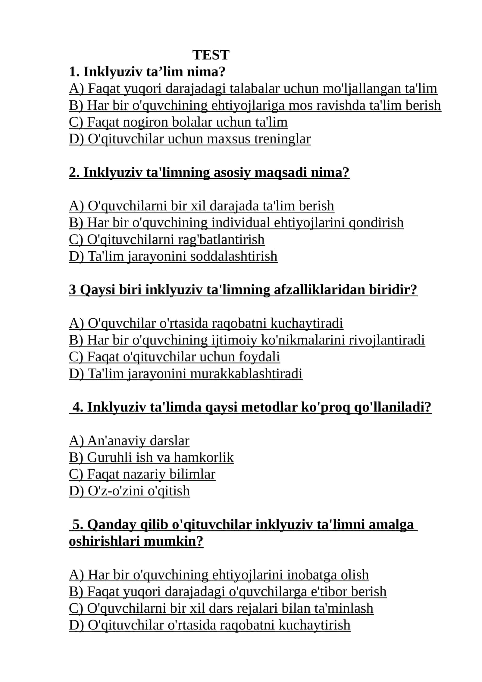 Inklyuziv ta’lim boʻyicha test