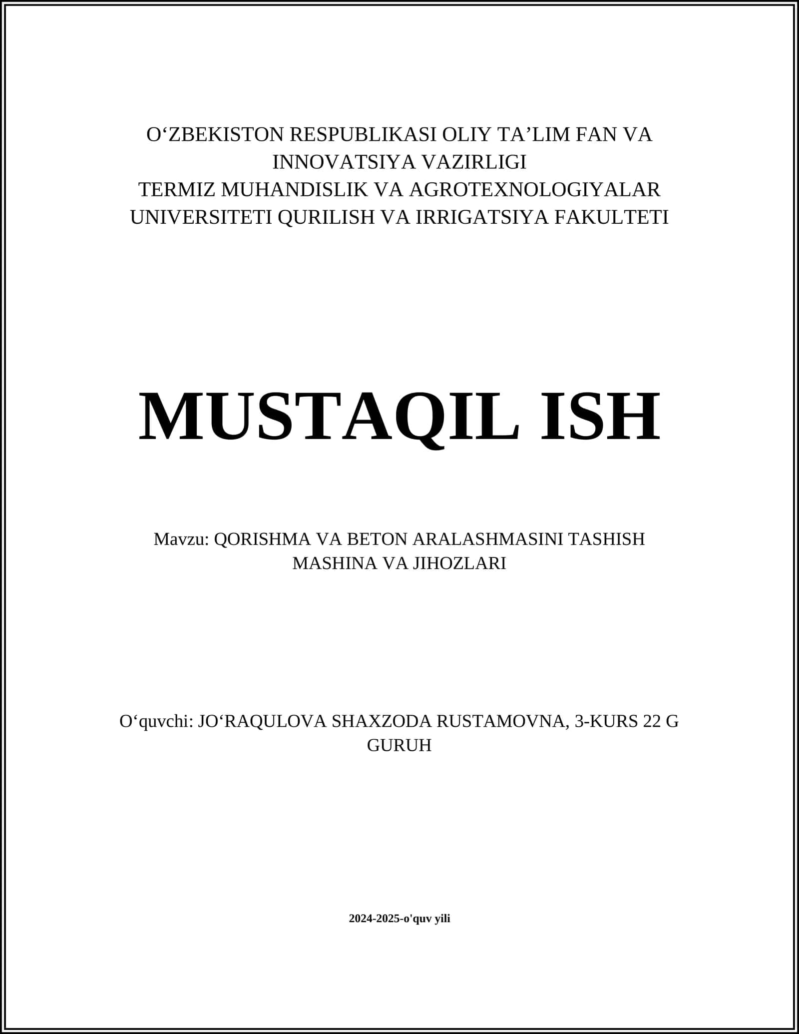 QORISHMA VA BETON ARALASHMASINI TASHISH MASHINA VA JIHOZLARI