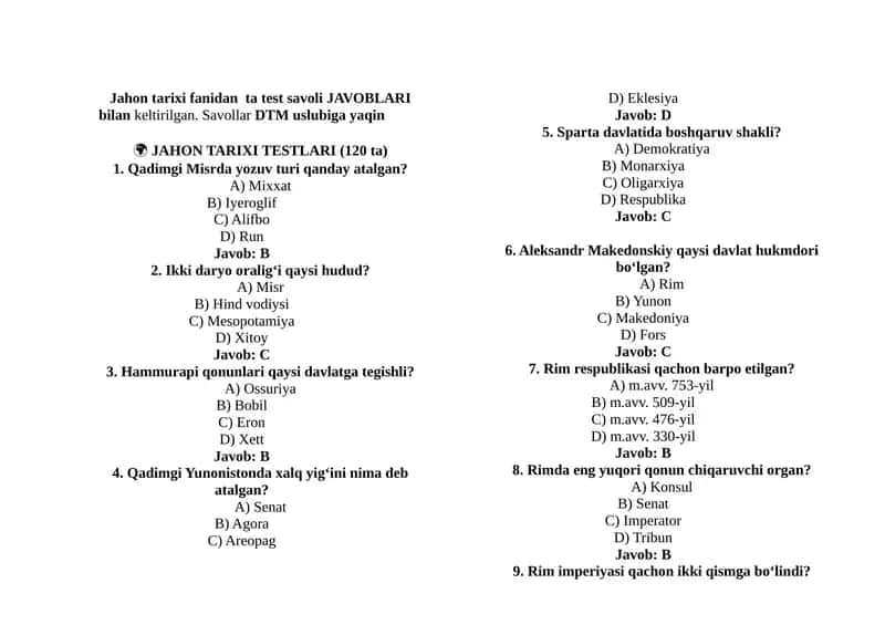 JAHON TARIXI TESTLARI (120 ta)
