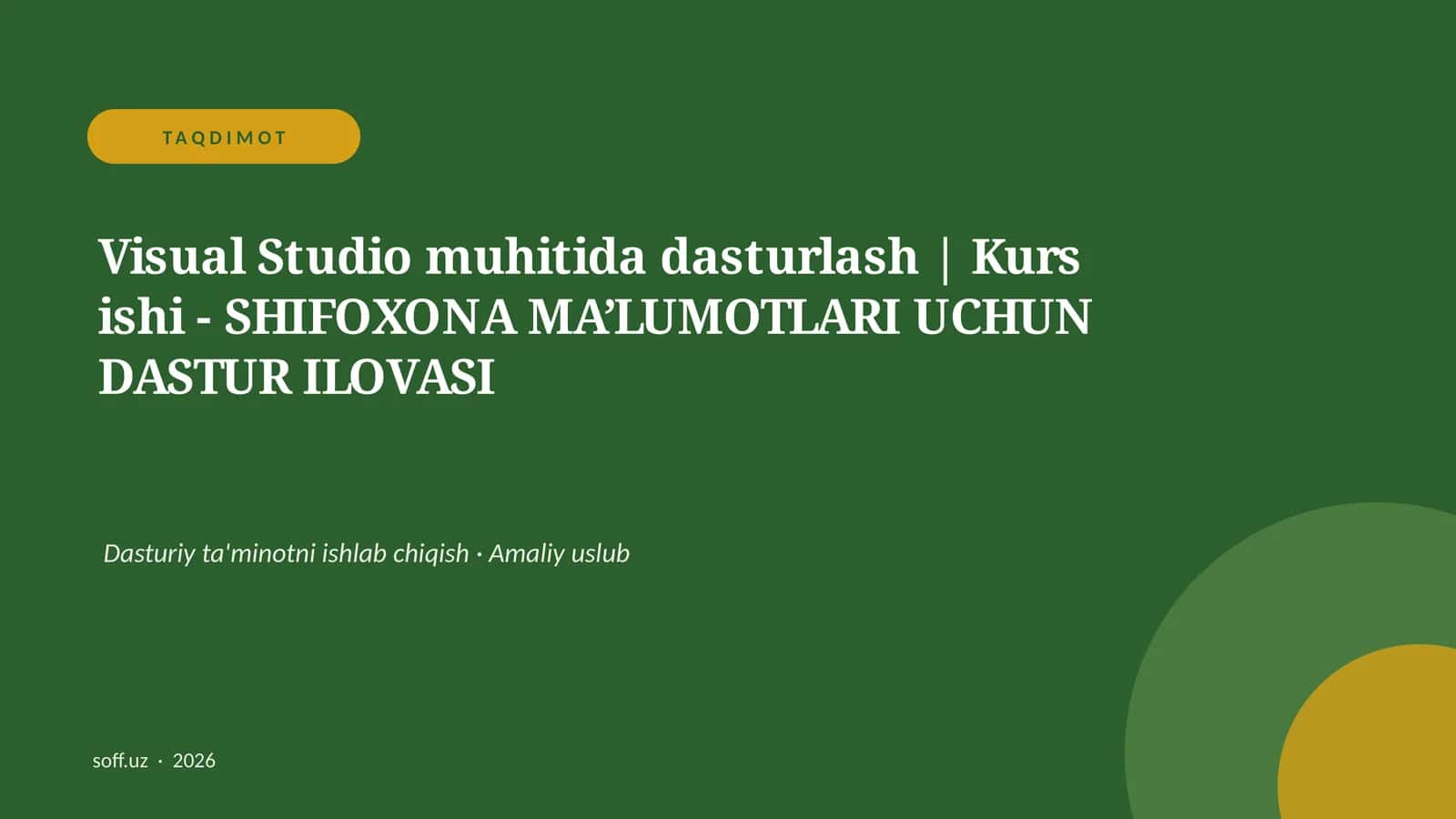 Visual Studio muhitida dasturlash | Kurs ishi - SHIFOXONA MA’LUMOTLARI UCHUN DASTUR ILOVASI
