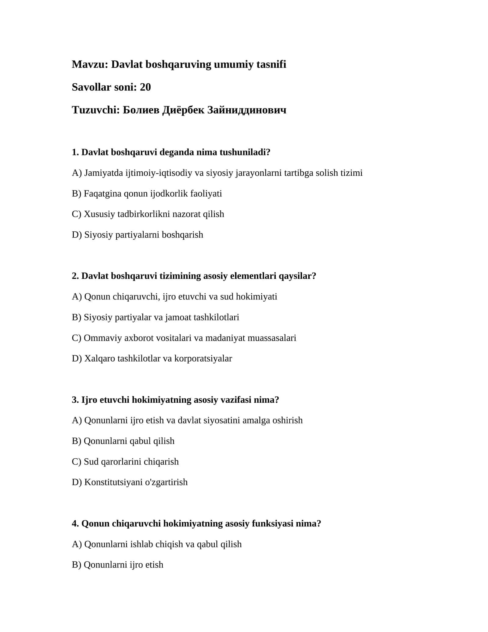 Davlat boshqaruving umumiy tasnifi