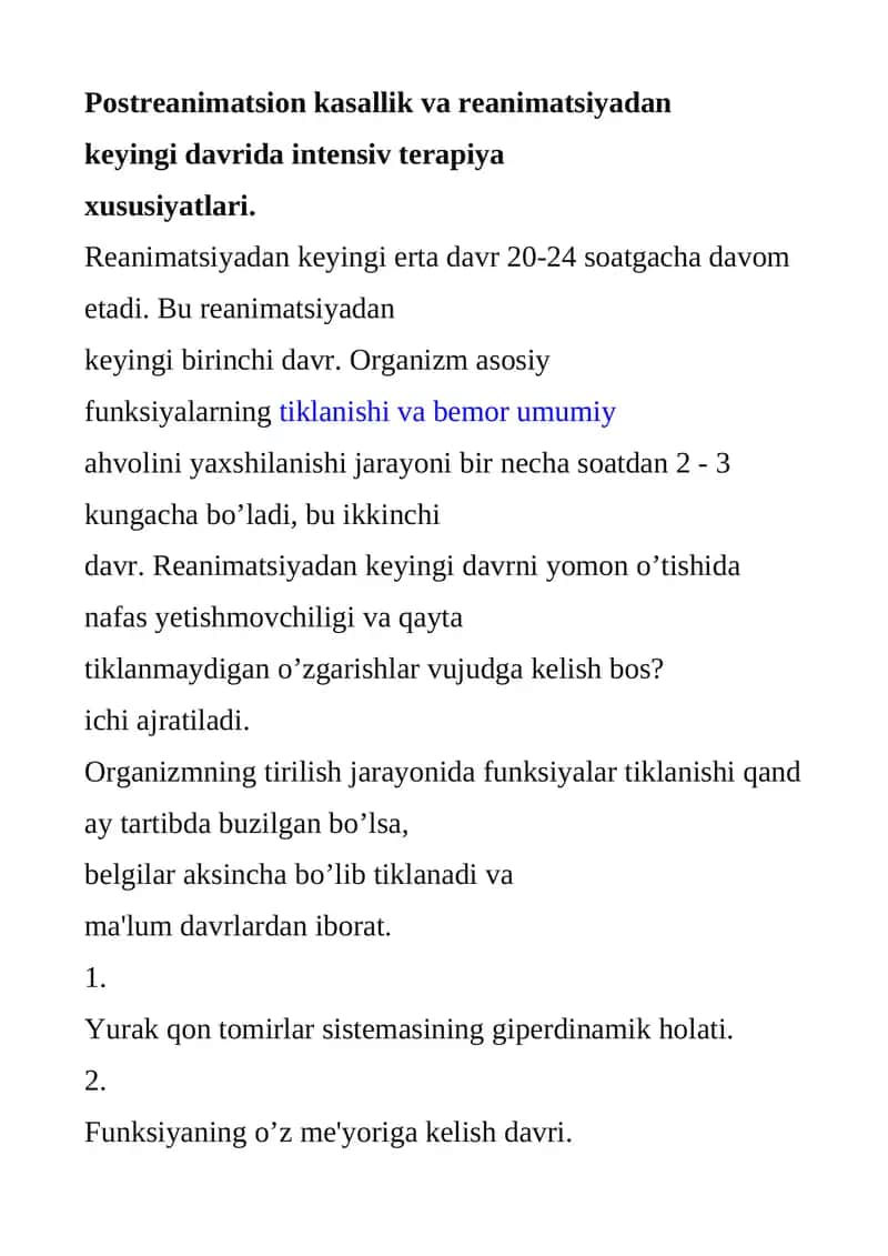 Postreanimatsion kasallikvareanimatsiyadan keyingidavridaintensivterapiya xususiyatlari