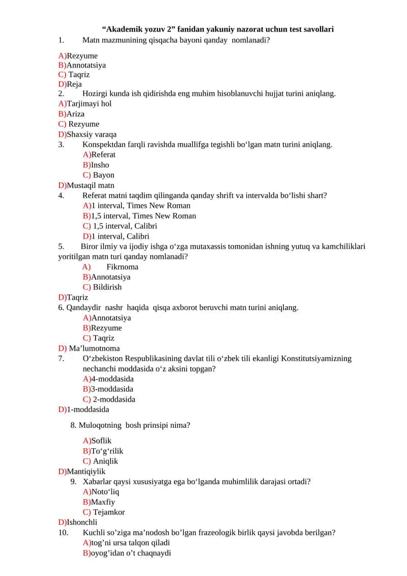 Akademik yozuv 2 fanidan yakuniy nazorat uchun test savollari