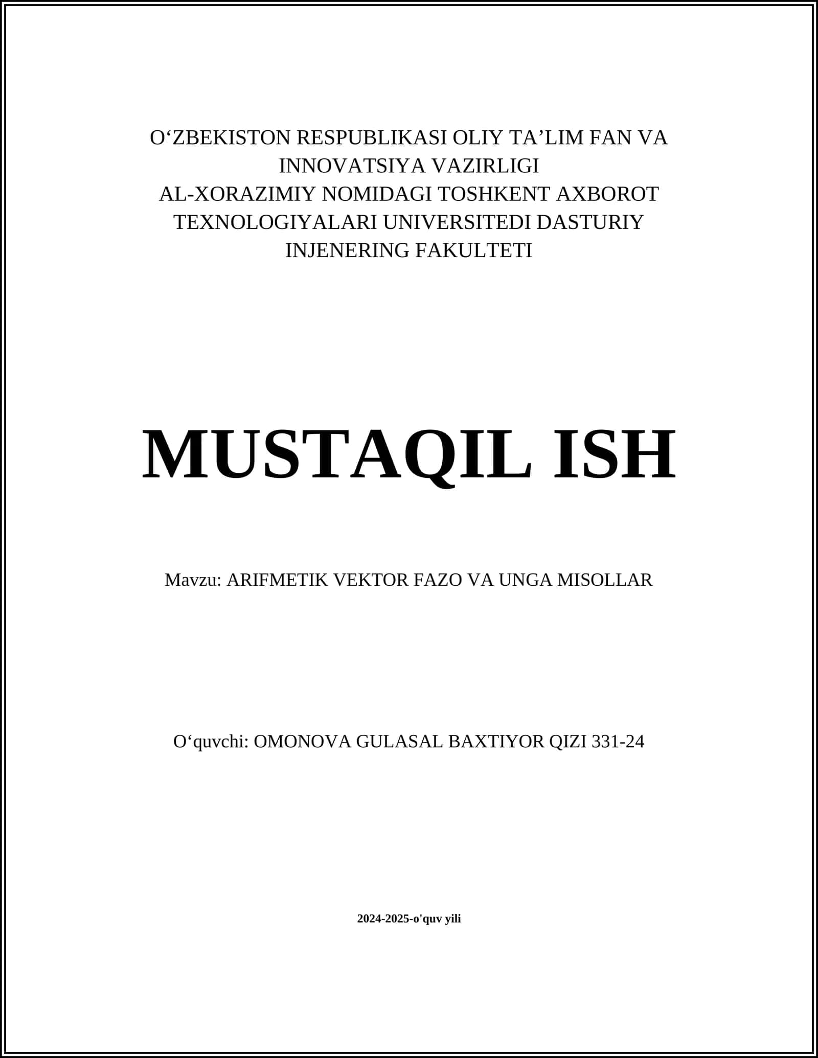 ARIFMETIK VEKTOR FAZO VA UNGA MISOLLAR