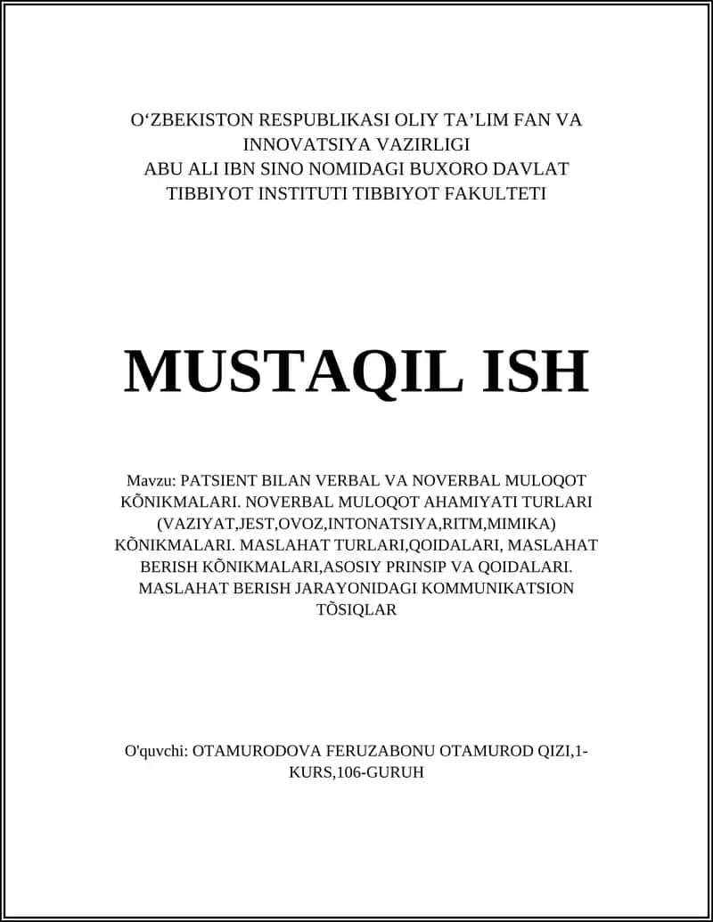 PATSIENT BILAN VERBAL VA NOVERBAL MULOQOT KÕNIKMALARI