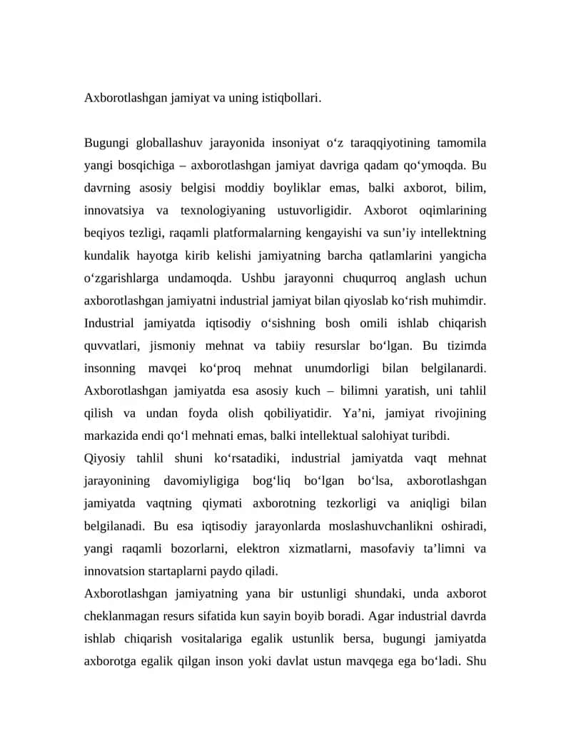 Axborotlashgan jamiyat va uning istiqbollari