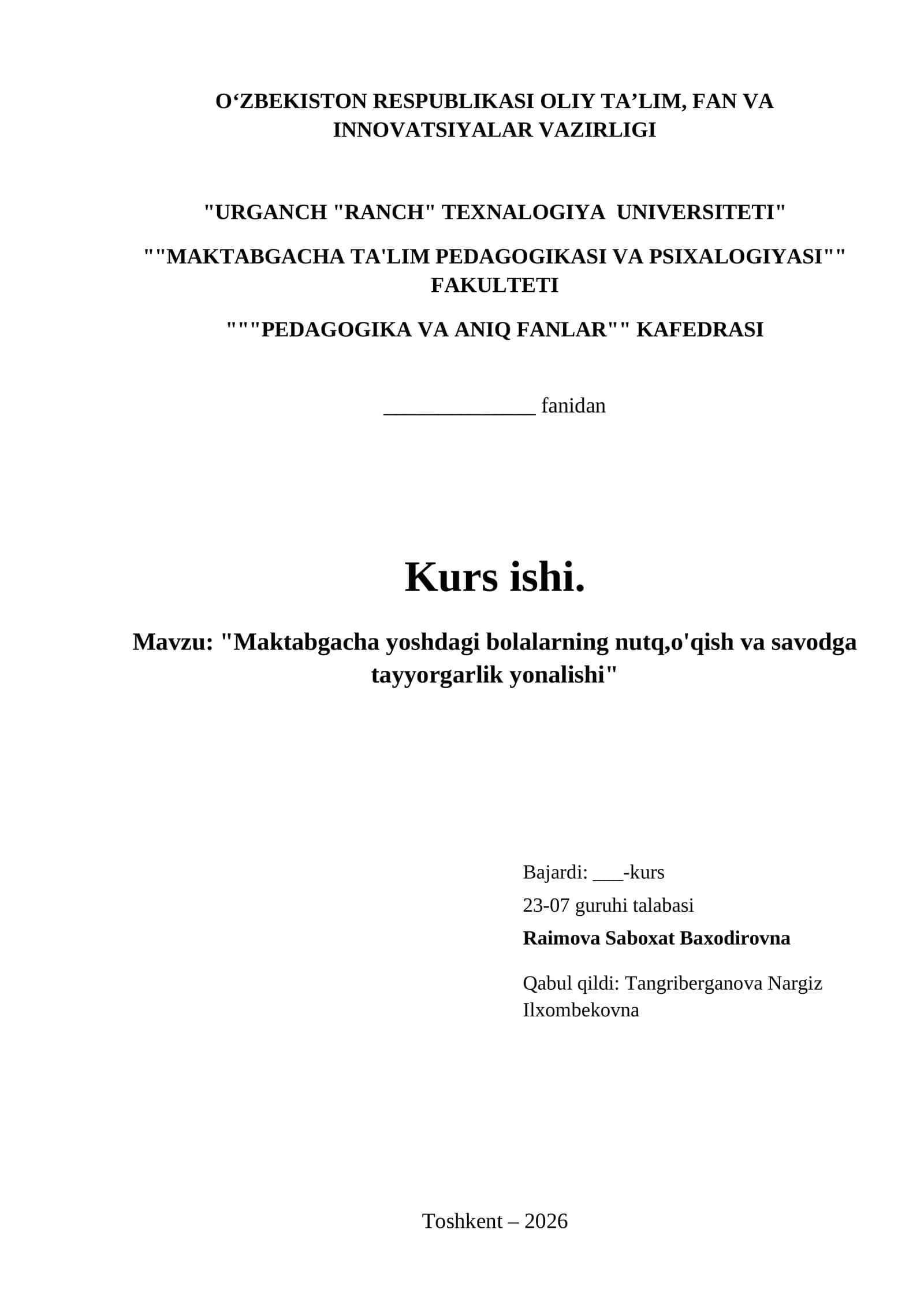 "Maktabgacha yoshdagi bolalarning nutq,o'qish va savodga tayyorgarlik yonalishi"