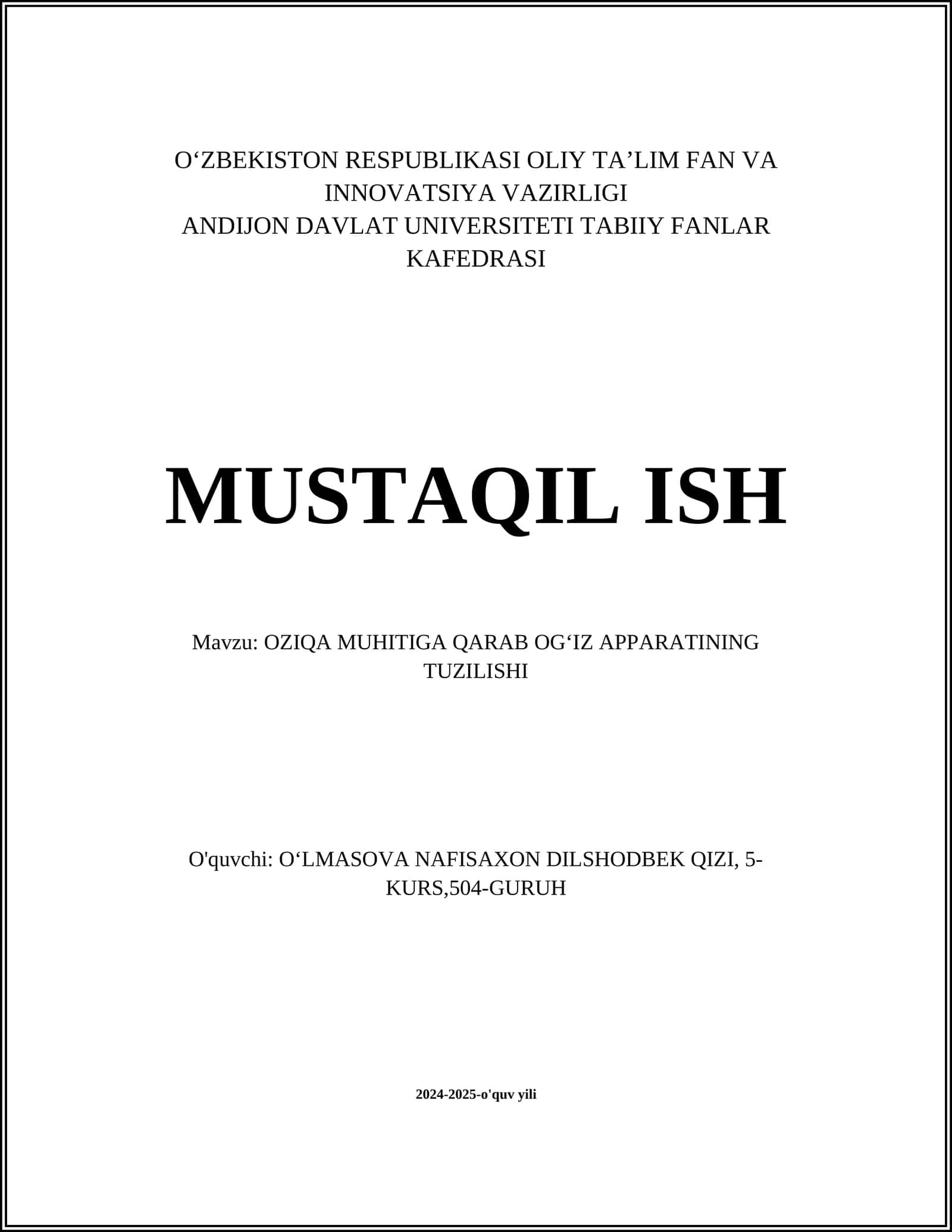 OZIQA MUHITIGA QARAB OGʻIZ APPARATINING TUZILISHI