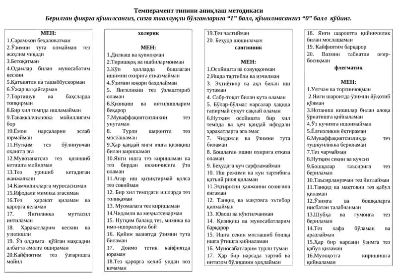 Темперамент типини аниқлаш методикаси