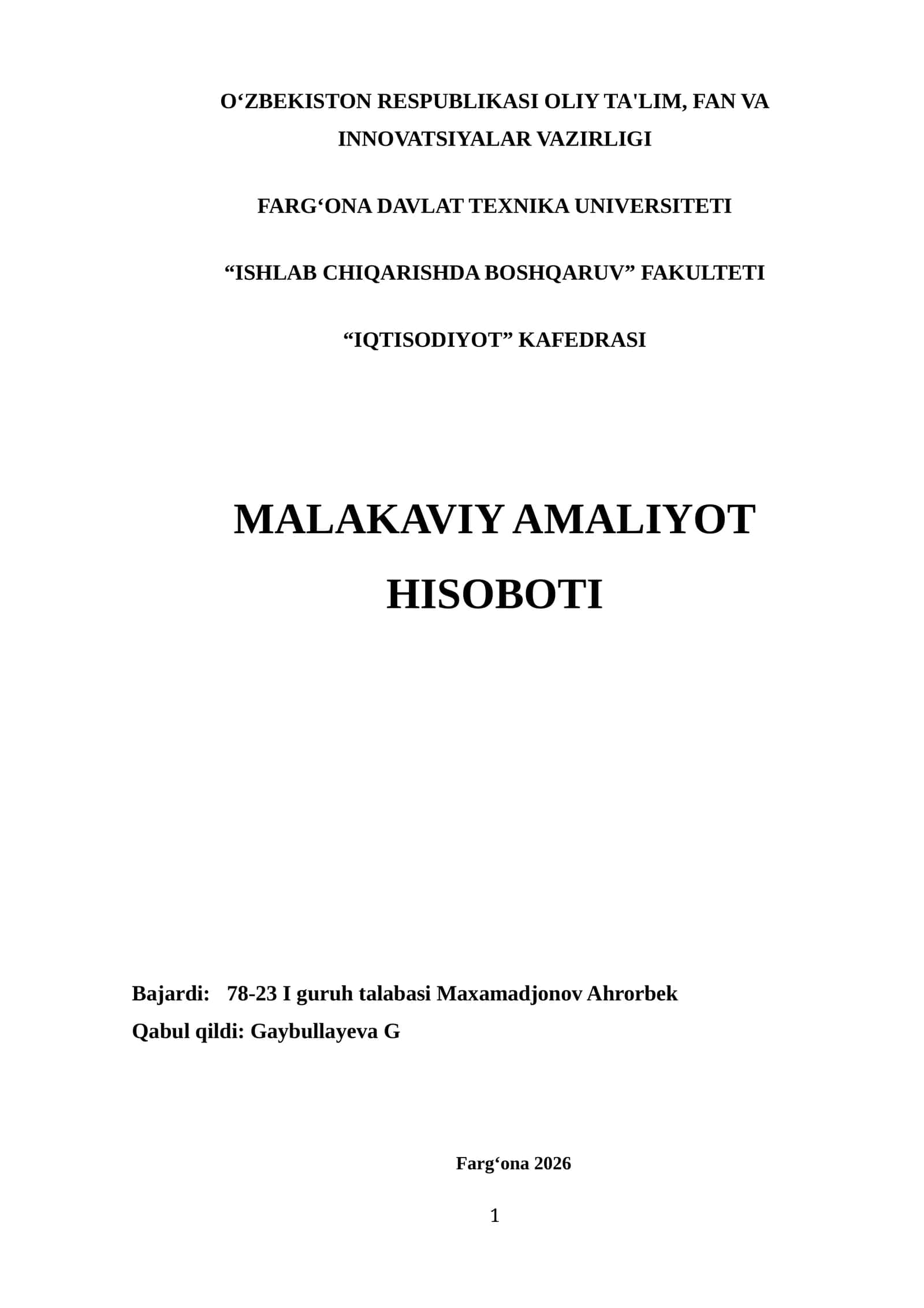 MALAKAVIY AMALIYOT HISOBOTI. KREDIT SAVDO DOKONI BOYICHA.