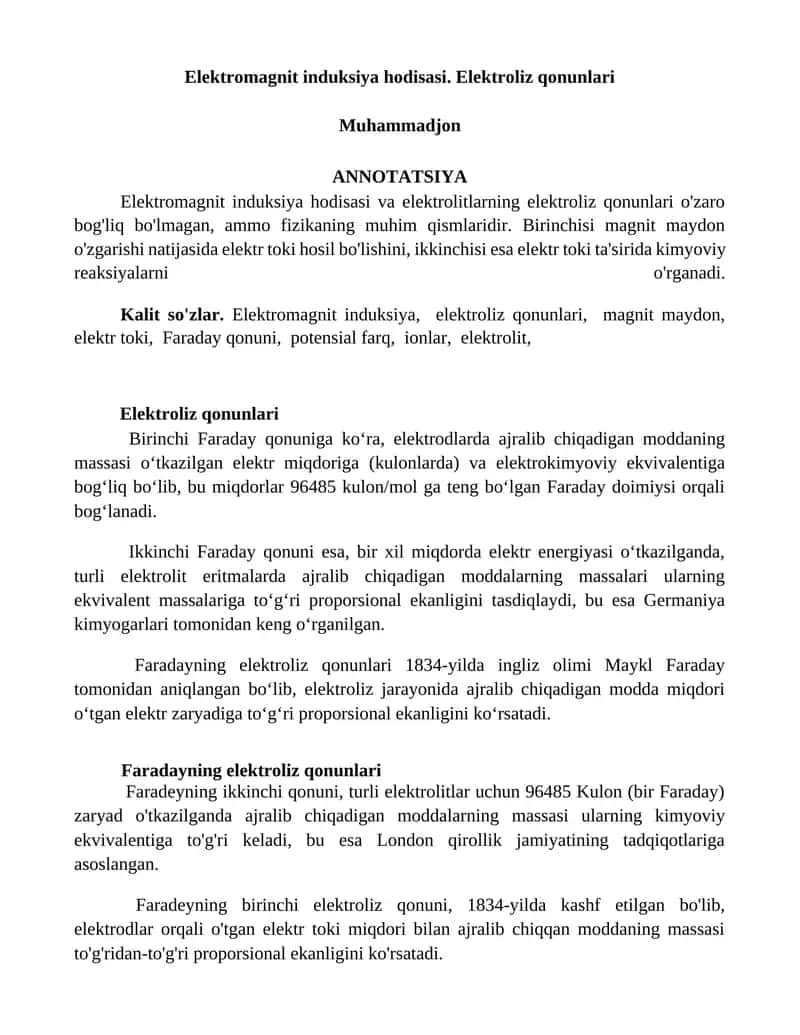 Elektromagnit induksiya hodisasi. Elektroliz qonunlari