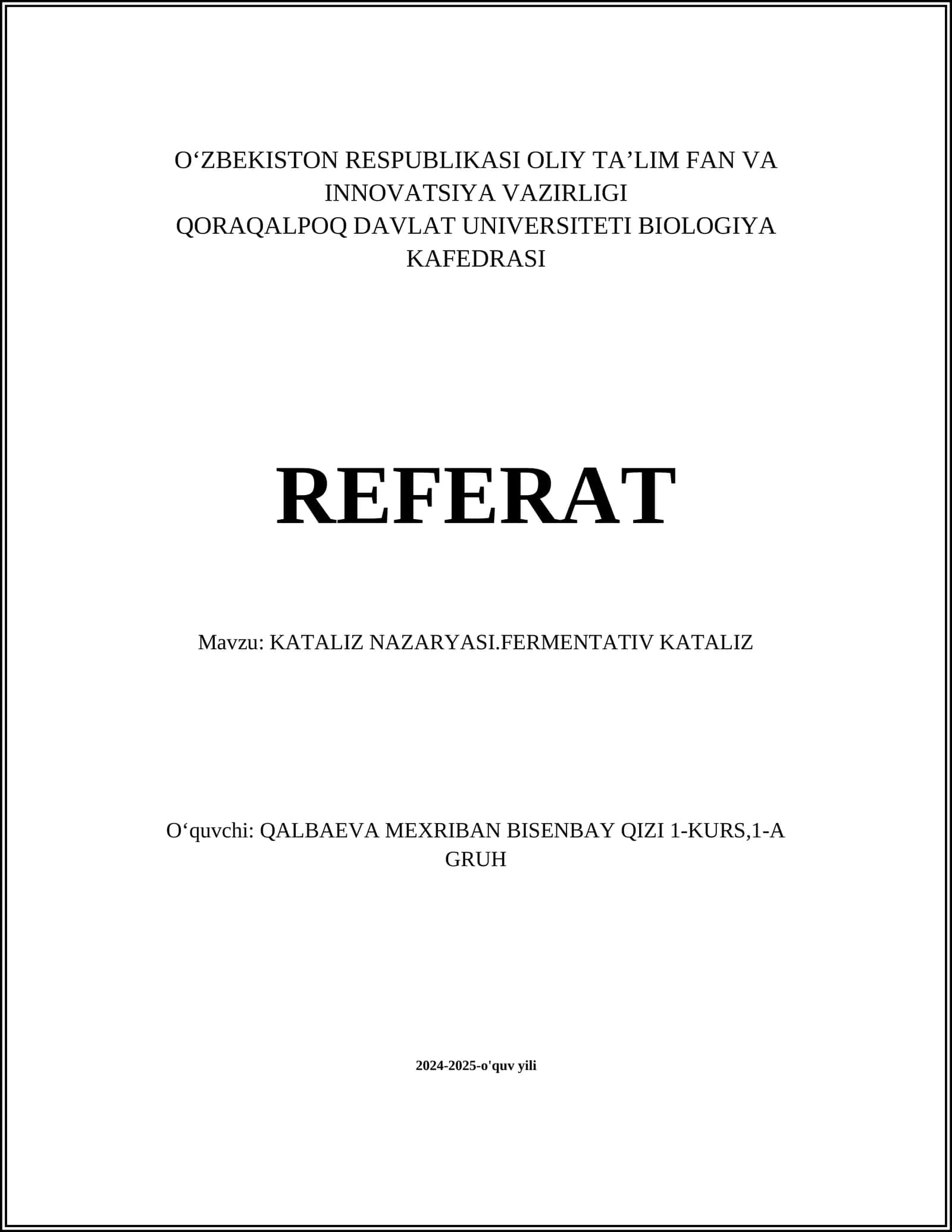 KATALIZ NAZARYASI.FERMENTATIV KATALIZ