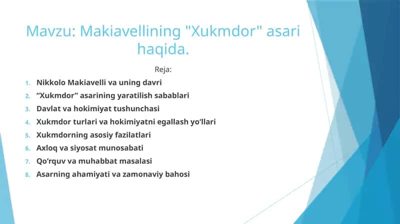 Makiavellining "Xukmdor" asari haqida