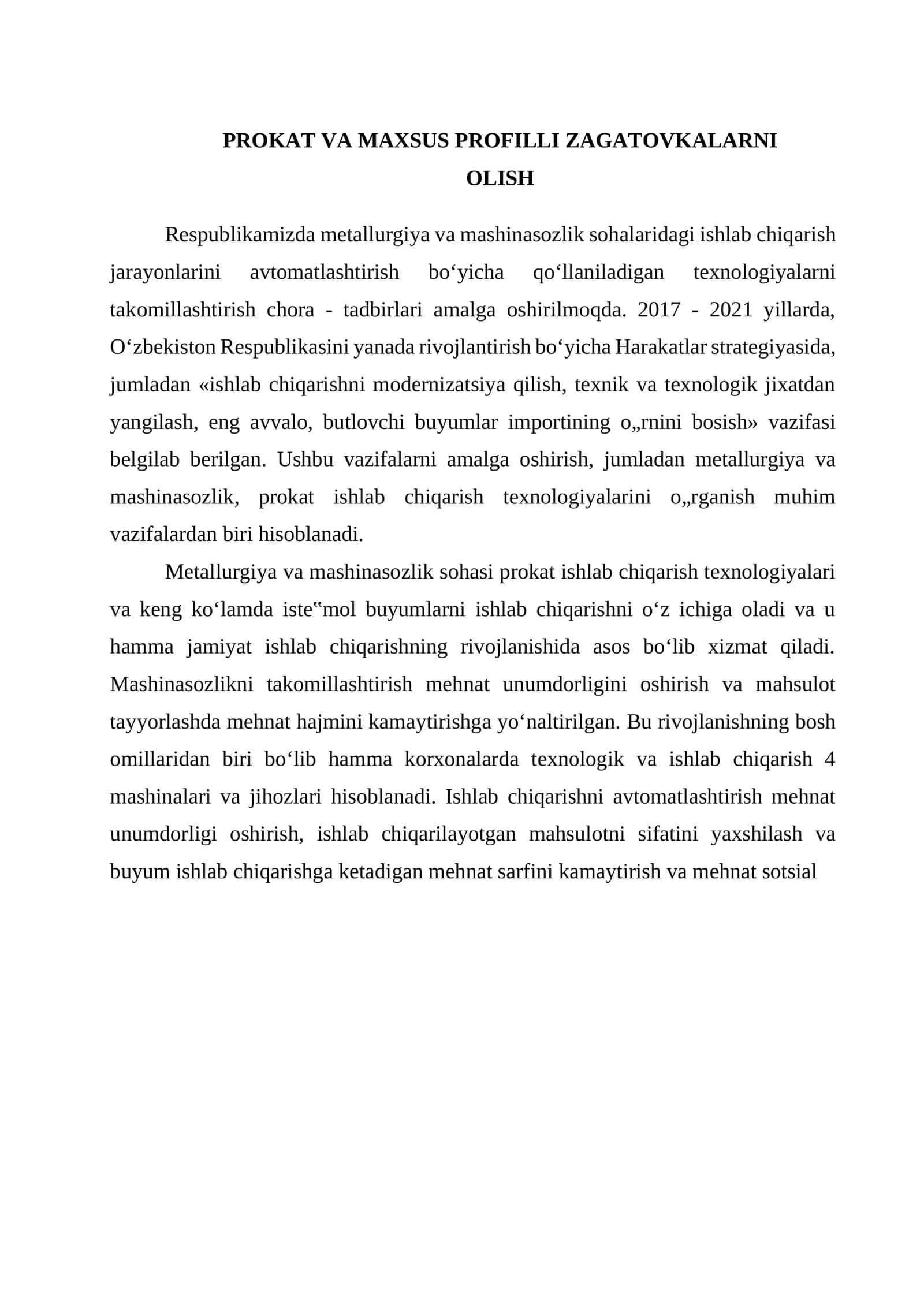 Prokat Va Maxsus Profilli Zagatovkalarni Olish