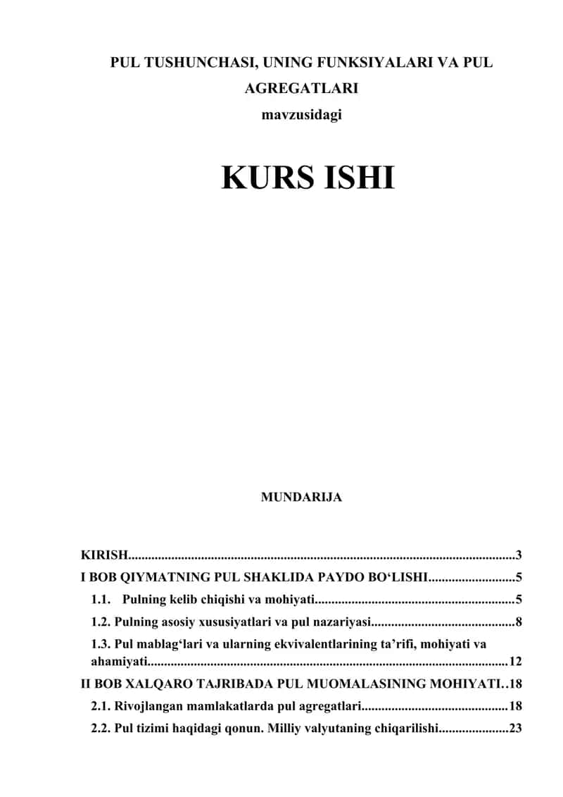 Pul tushunchasi va funksiyalari