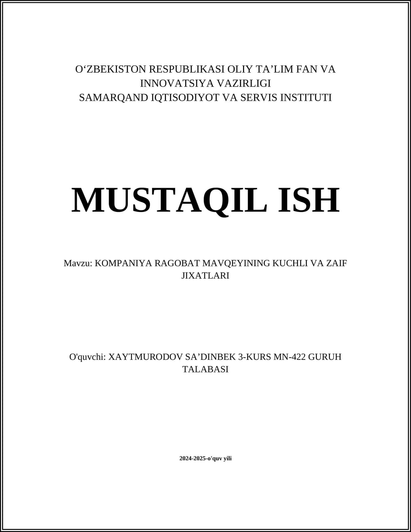 KOMPANIYA RAGOBAT MAVQEYINING KUCHLI VA ZAIF JIXATLARI
