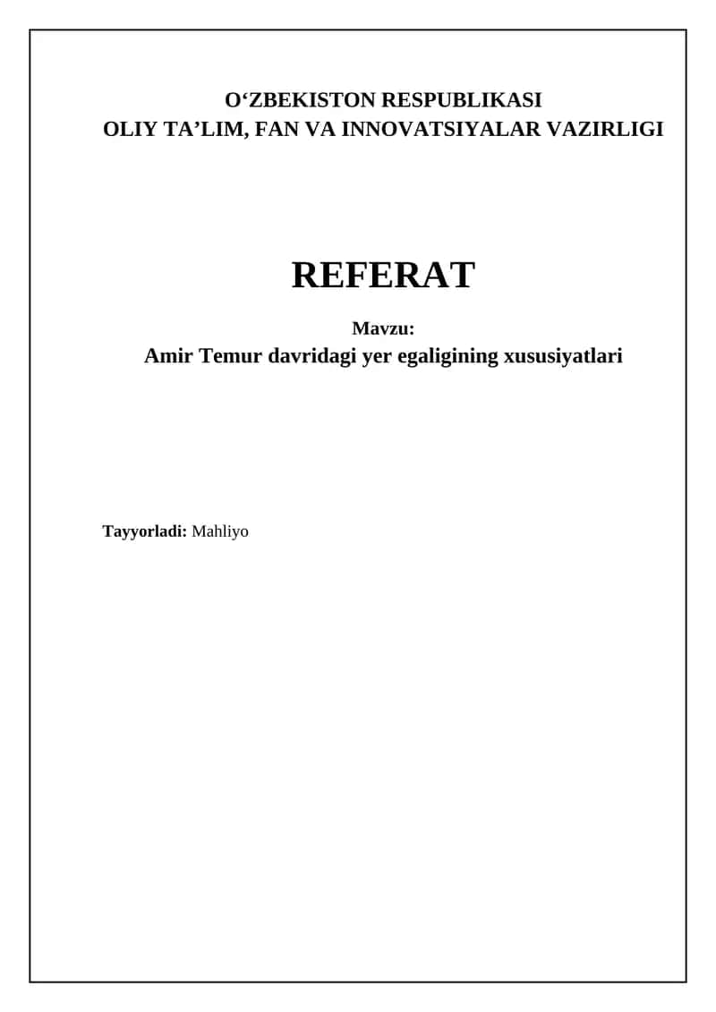 Yer Egaligining Amir Temur Davridagi Xususiyatlari