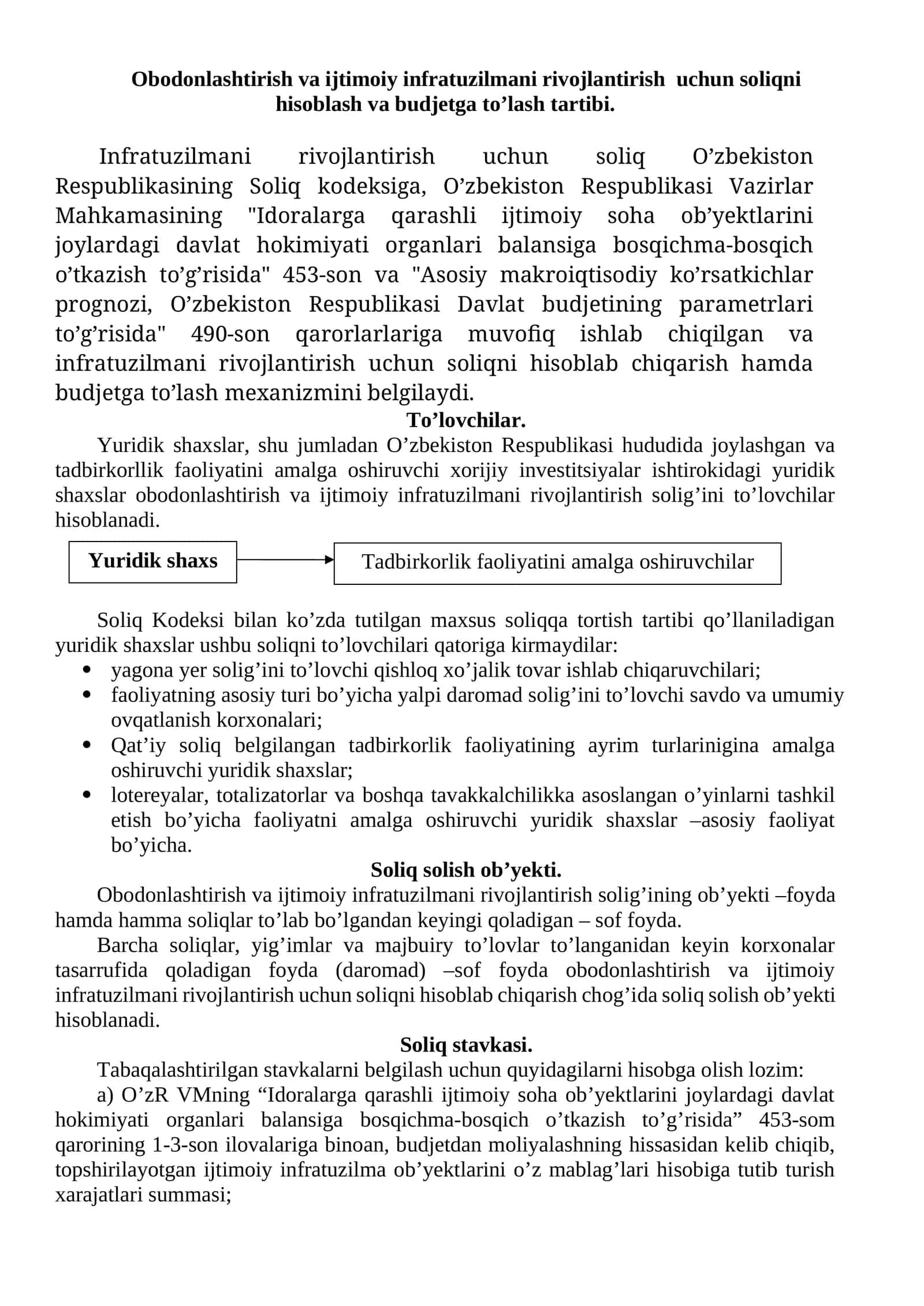 Obodonlashtirish va ijtimoiy infratuzilmani rivojlantirish uchun soliqni hisoblash va budjetga to’lash tartibi