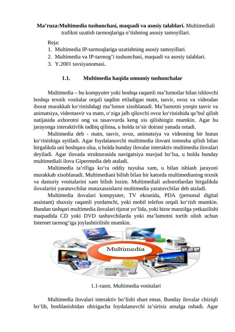 Multimedia IP-tarmoqlariga uzatishning asosiy tamoyillari