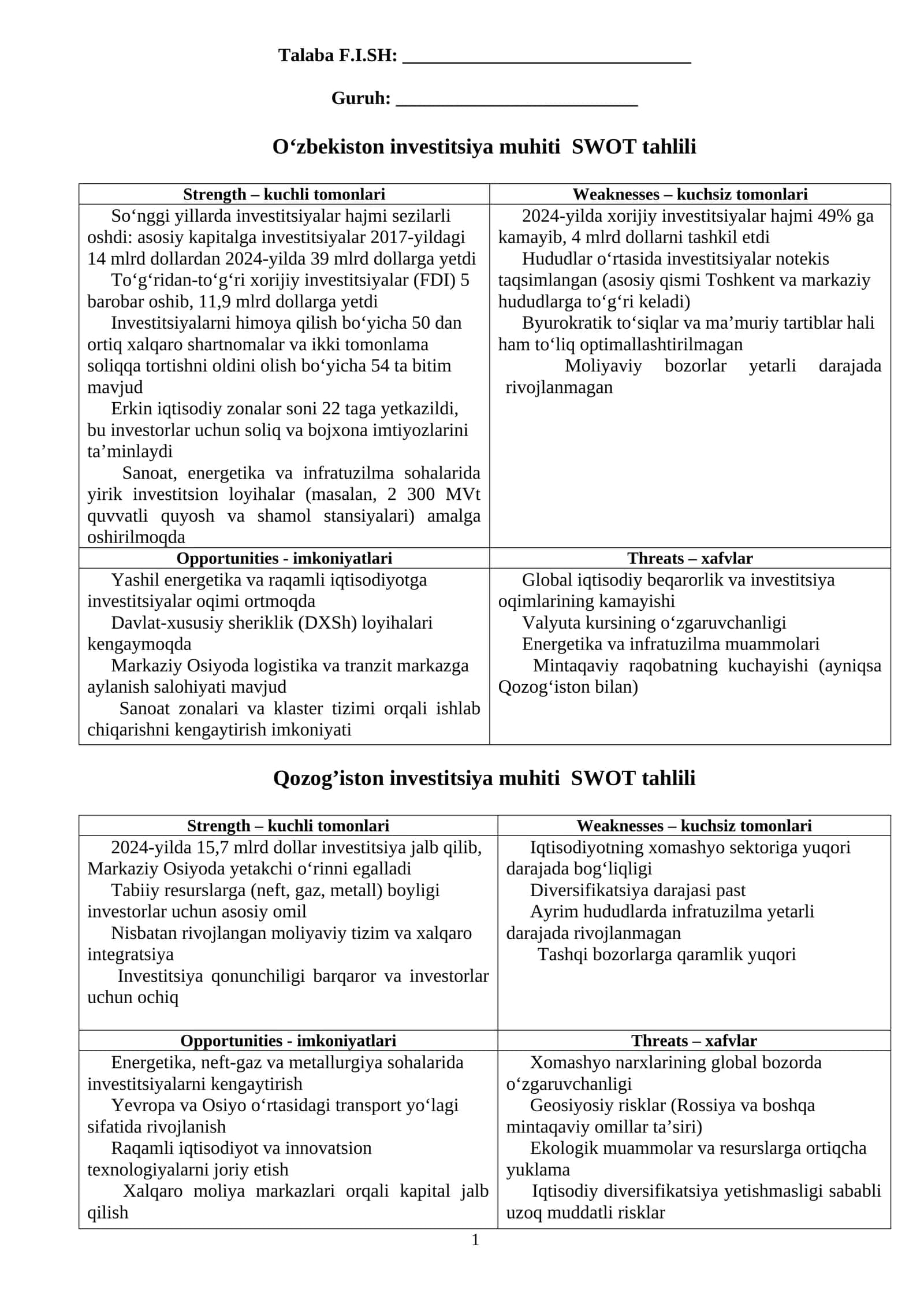 O‘zbekiston va Qozog’iston investitsiya muhiti  SWOT tahlili