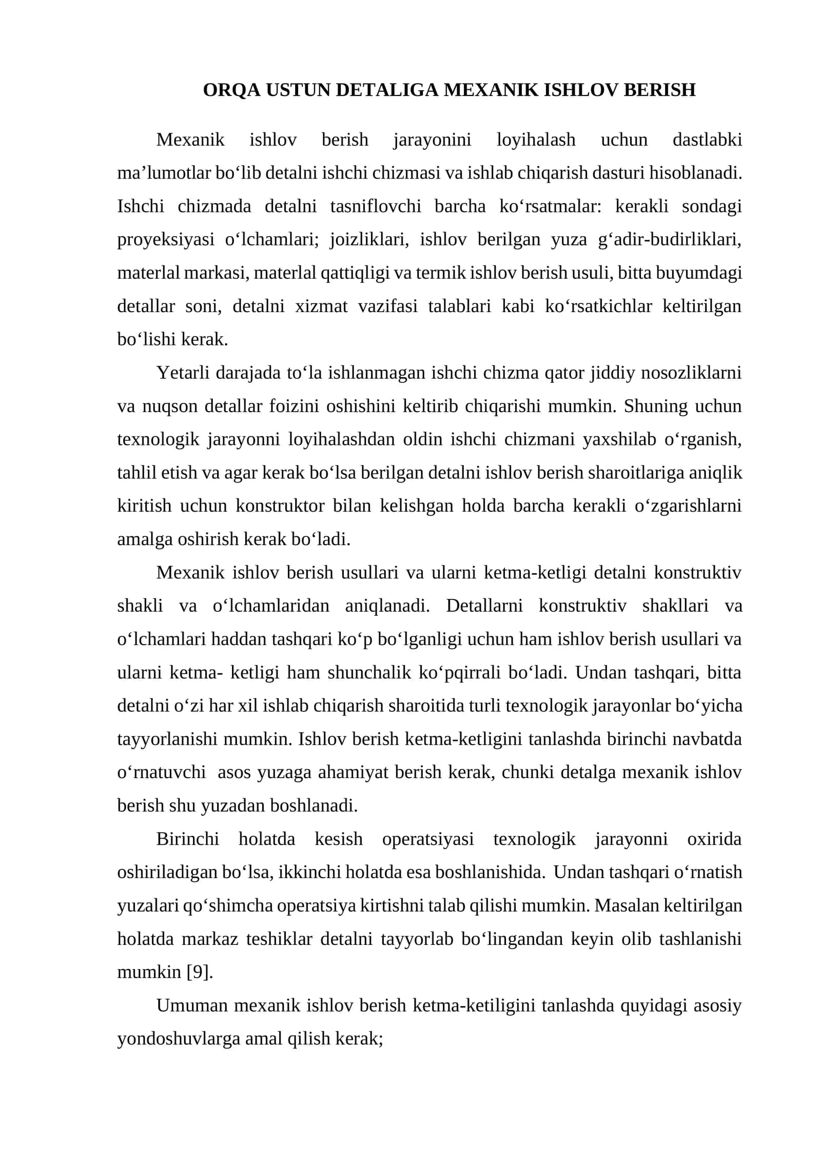 Orqa Ustun Detaliga Mexanik Ishlov Berish